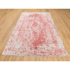 6'x9'2" Hand Knotted Pink Broken Persian Design Wool-Pure Silk Oriental Rug