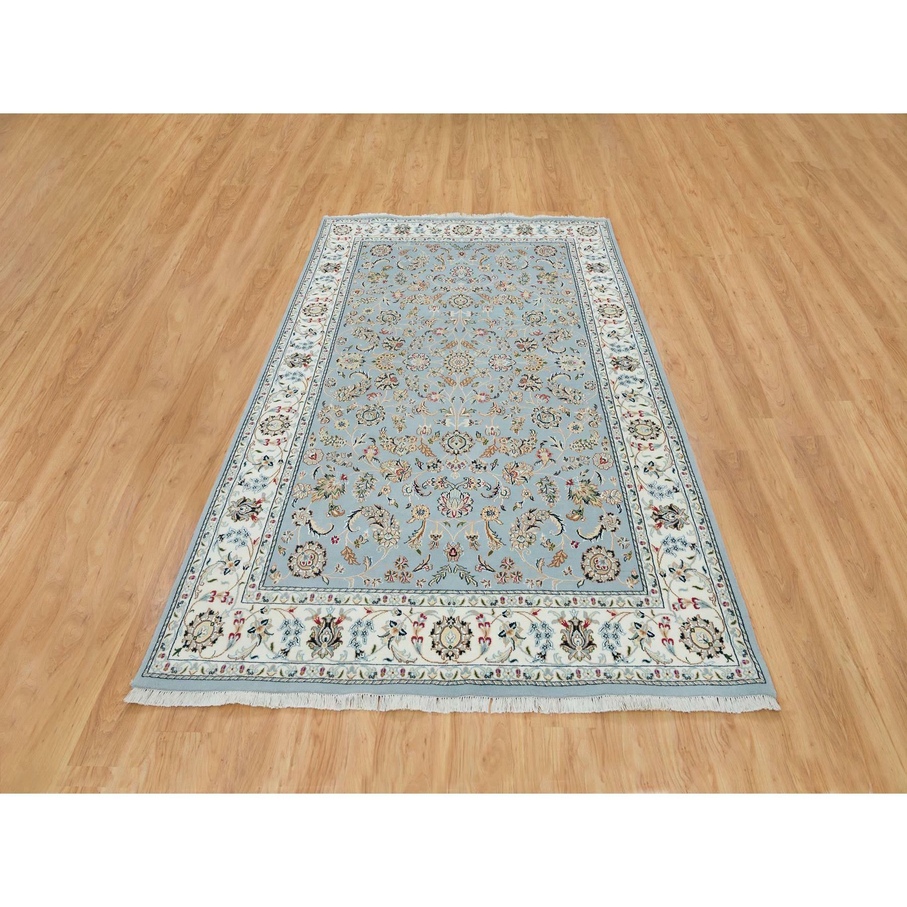 Light Blue, Nain With All Over Flower Design, 250 KPSI, Natural Wool, Hand Knotted, Oriental Rug
Primary materials: Wool
Latex: No Pile 
height: 0.25 Inches
Style: Traditional
Primary color: Blue
Secondary colors: Brown, Navy Blue, Red, Green,