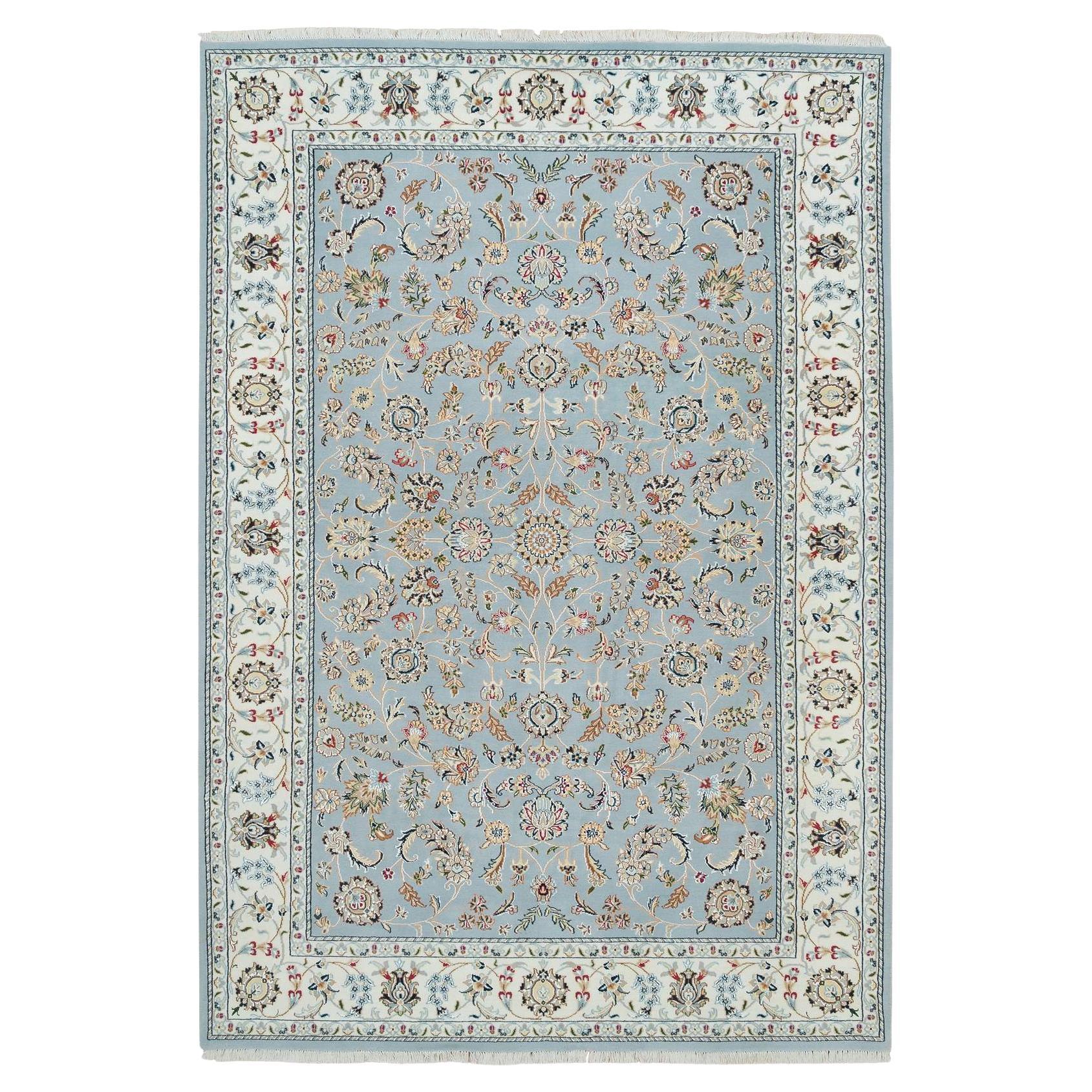 6'x9'2" Light Blue Nain Design 250 KPSI Natural Wool Hand Knotted Oriental Rug For Sale