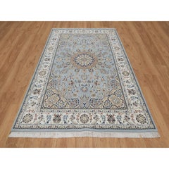 6'x9'2" Pigeon Blue Nain with Flower Design Wool and Silk Hand Knotted Rug