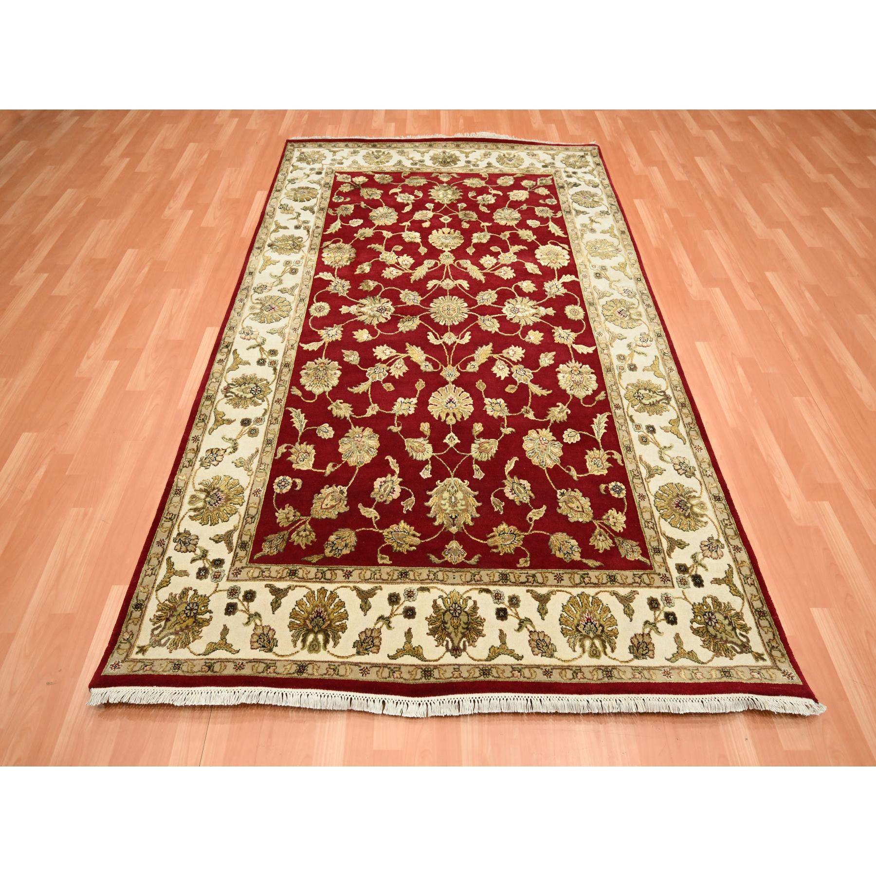 Ruby Red, Thick and Plush, Rajasthan with All Over Leaf Design, Hand Knotted, Wool and Silk, Soft Pile, Oriental Rug
Primary materials: Wool & Silk
Latex: No Pile 
height: 0.25 Inches
Style: Traditional
Primary color: Red
Secondary colors: Brown,