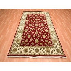 6'x9'2" Red Wool and Silk Rajasthan with Leaf Design Hand Knotted Oriental Rug
