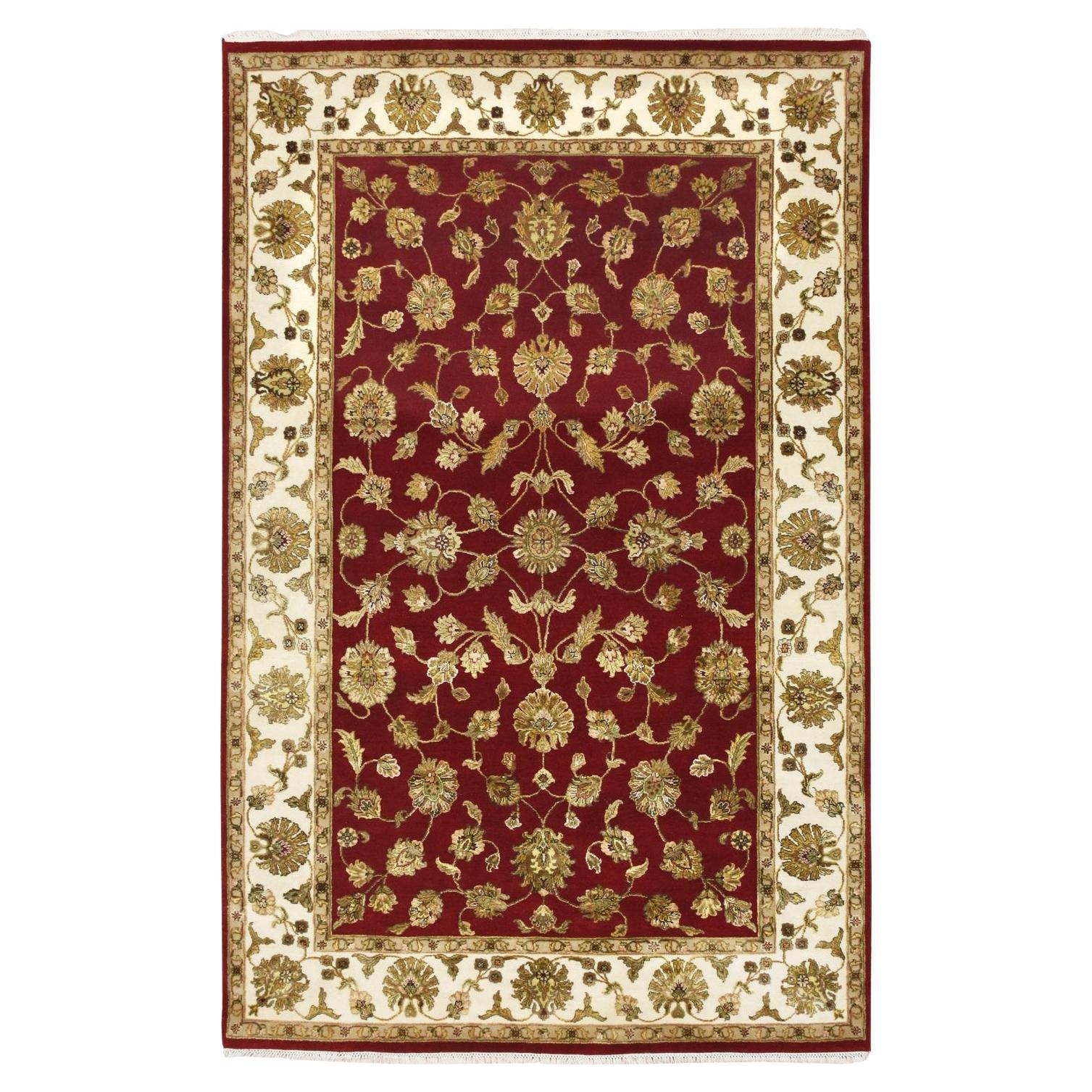 6'x9'2" Red Wool and Silk Rajasthan with Leaf Design Hand Knotted Oriental Rug For Sale