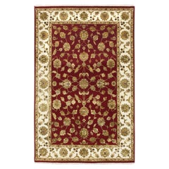 6'x9'2" Roter handgeknüpfter orientalischer Teppich aus Wolle und Seide Rajasthan mit Blattmuster