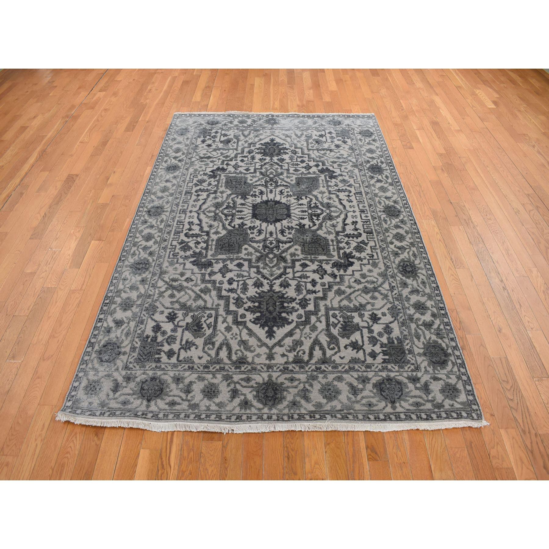Stone Gray, Heriz Design, Wool and Silk, Hi-lo Pile, Hand Knotted, Oriental Rug
Primary materials: Wool & Silk
Latex: No Pile 
height: 0.25 Inches
Style: Transitional
Primary color: Grey
Secondary colors: Black
Pattern: Oriental