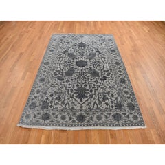 6'x9'2" Stone Gray, Heriz Design, Wool and Silk, Hi-lo Pile, Hand Knotted, Rug