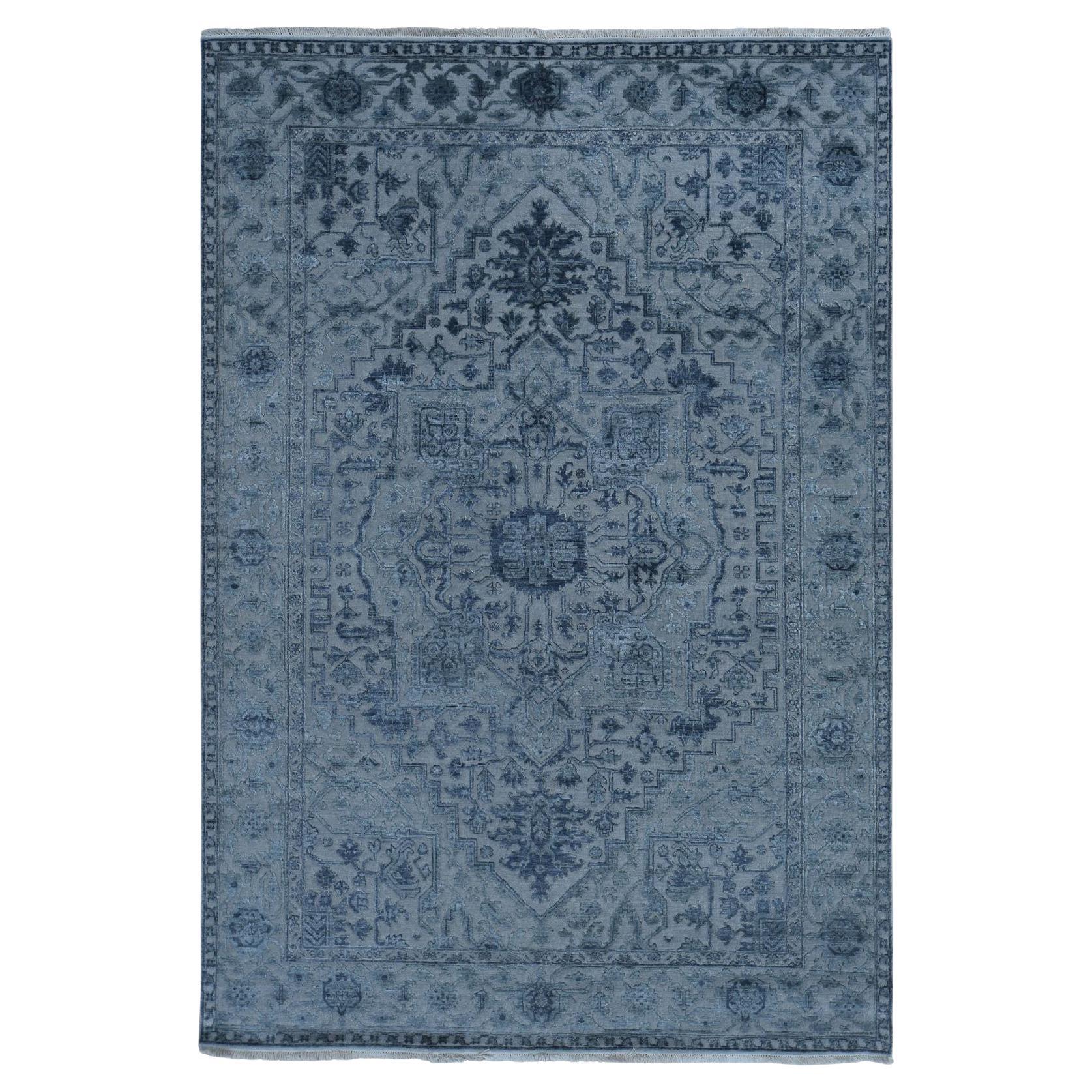 6'x9'2" Stone Gray, Heriz Design, Wool and Silk, Hi-lo Pile, Hand Knotted, Rug For Sale
