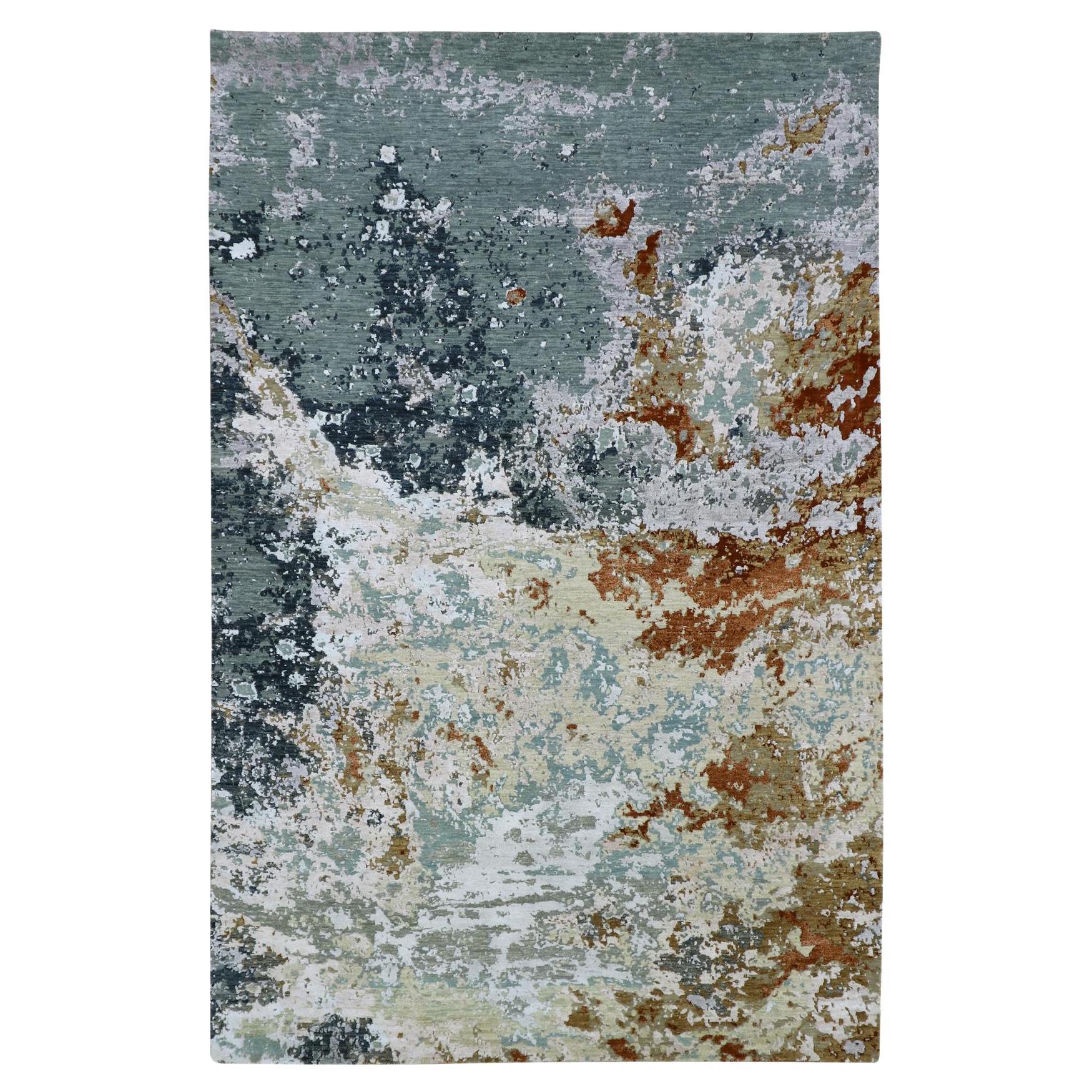 6'x9'3" Blau mit beigem persischen Knoten abstraktem Design Handgeknüpfter orientalischer Teppich