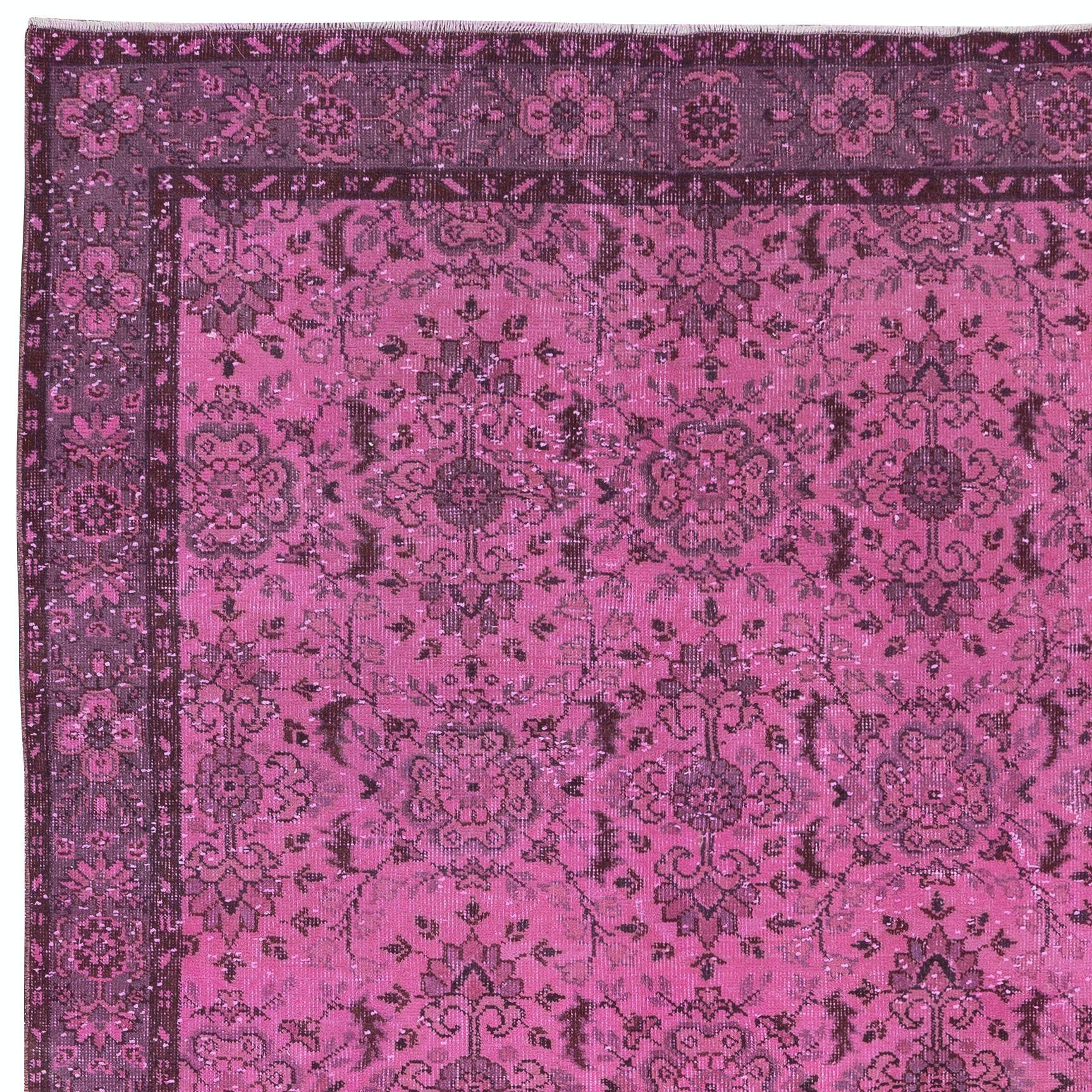 6x9.3 Ft Floral Pattern Handknotted Pink Rug, Modern Turkish Overdyed Carpet In Good Condition For Sale In Philadelphia, PA