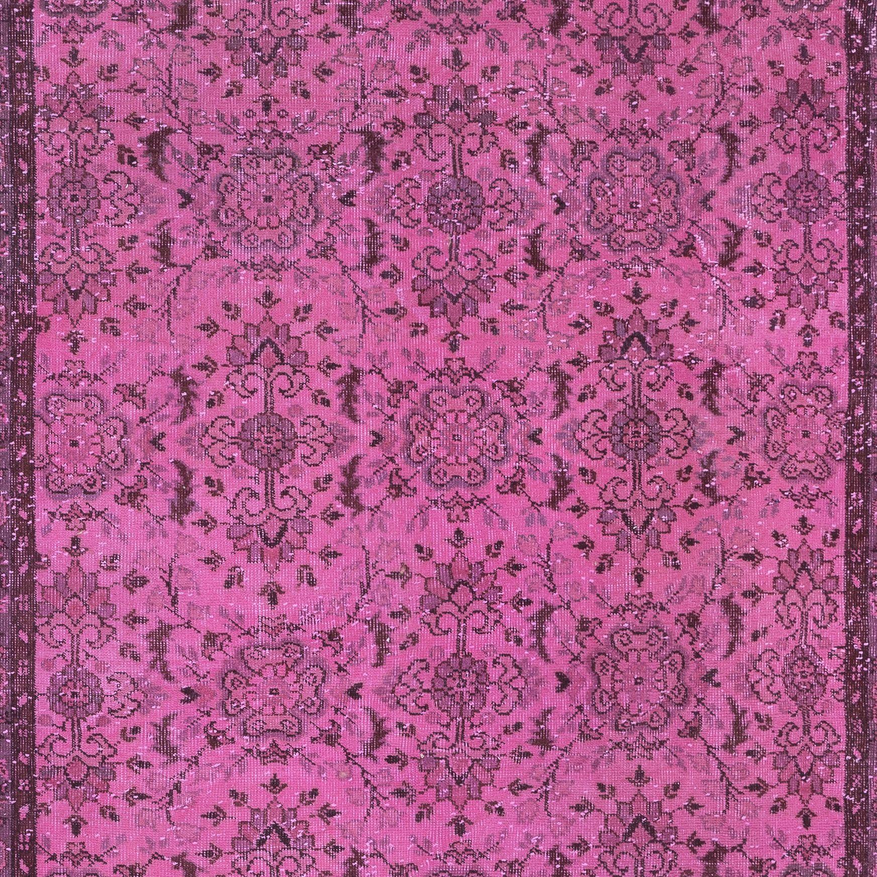 20th Century 6x9.3 Ft Floral Pattern Handknotted Pink Rug, Modern Turkish Overdyed Carpet For Sale