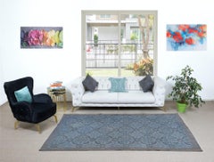 6x9.3 Ft Handmade Floral Turkish Rug with Solid Border & Light Blue Background