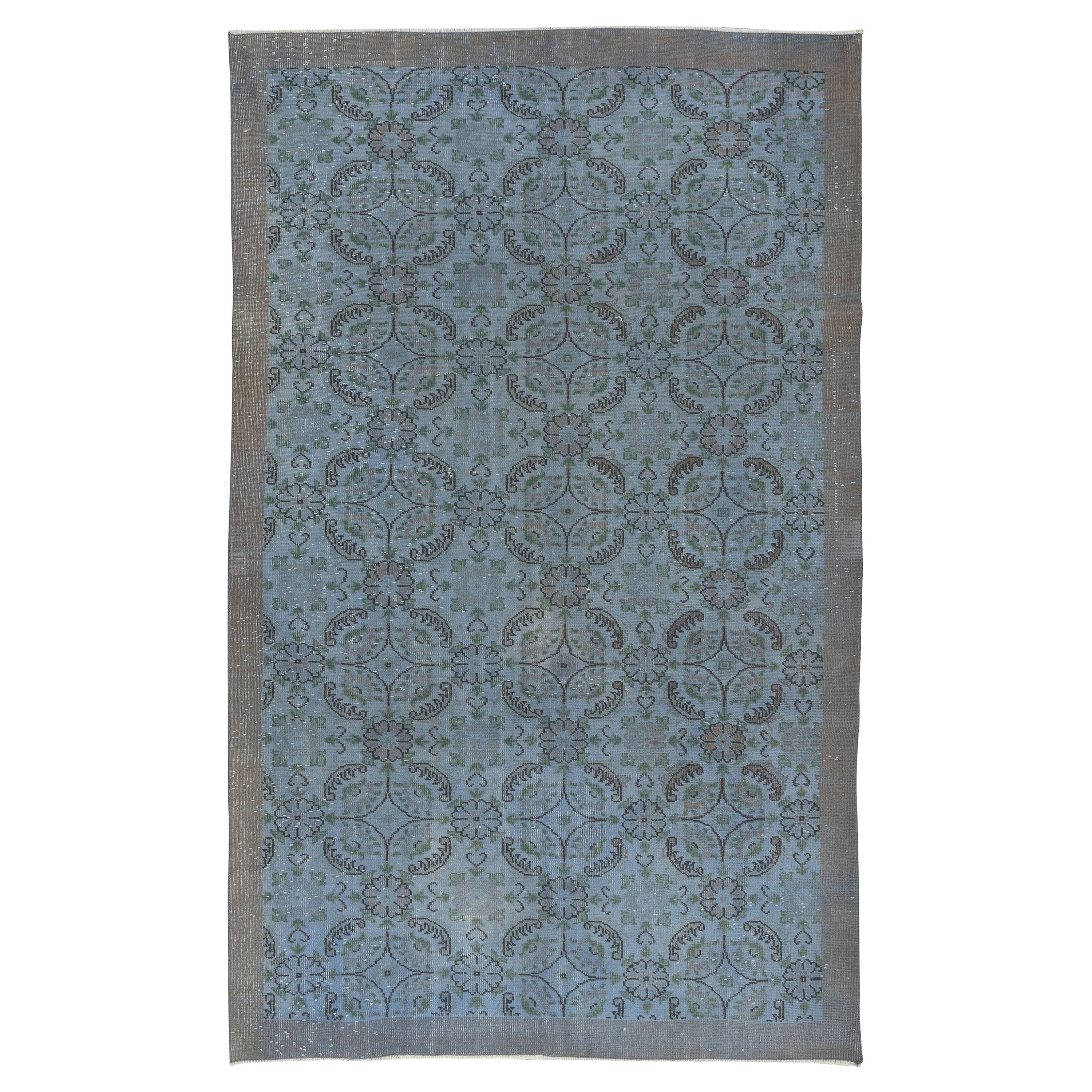 6x9.3 Ft Handmade Floral Turkish Rug with Solid Border & Light Blue Background For Sale