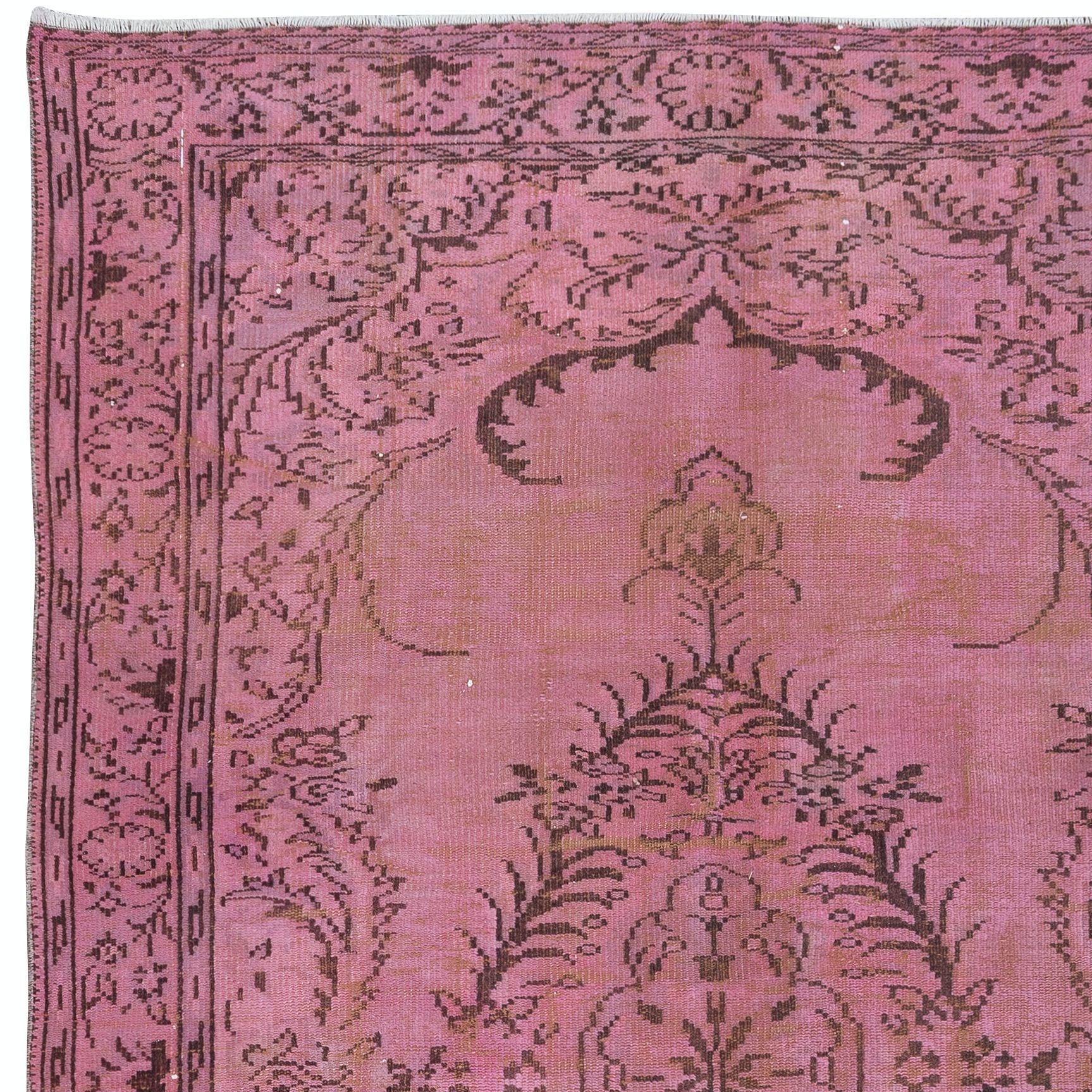 Hand-Woven 6x9.3 Ft Pink Over-Dyed Handmade Turkish Area Rug for Modern Home & Office Decor For Sale