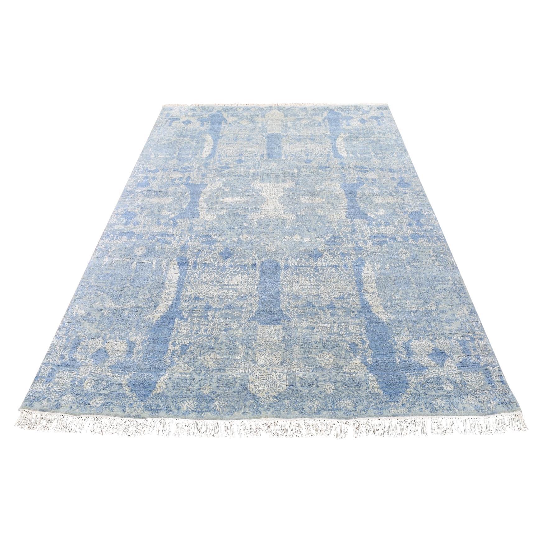 6'x9'3" Tapis d'Orient noué à la main bleu moderne en pure soie et laine
