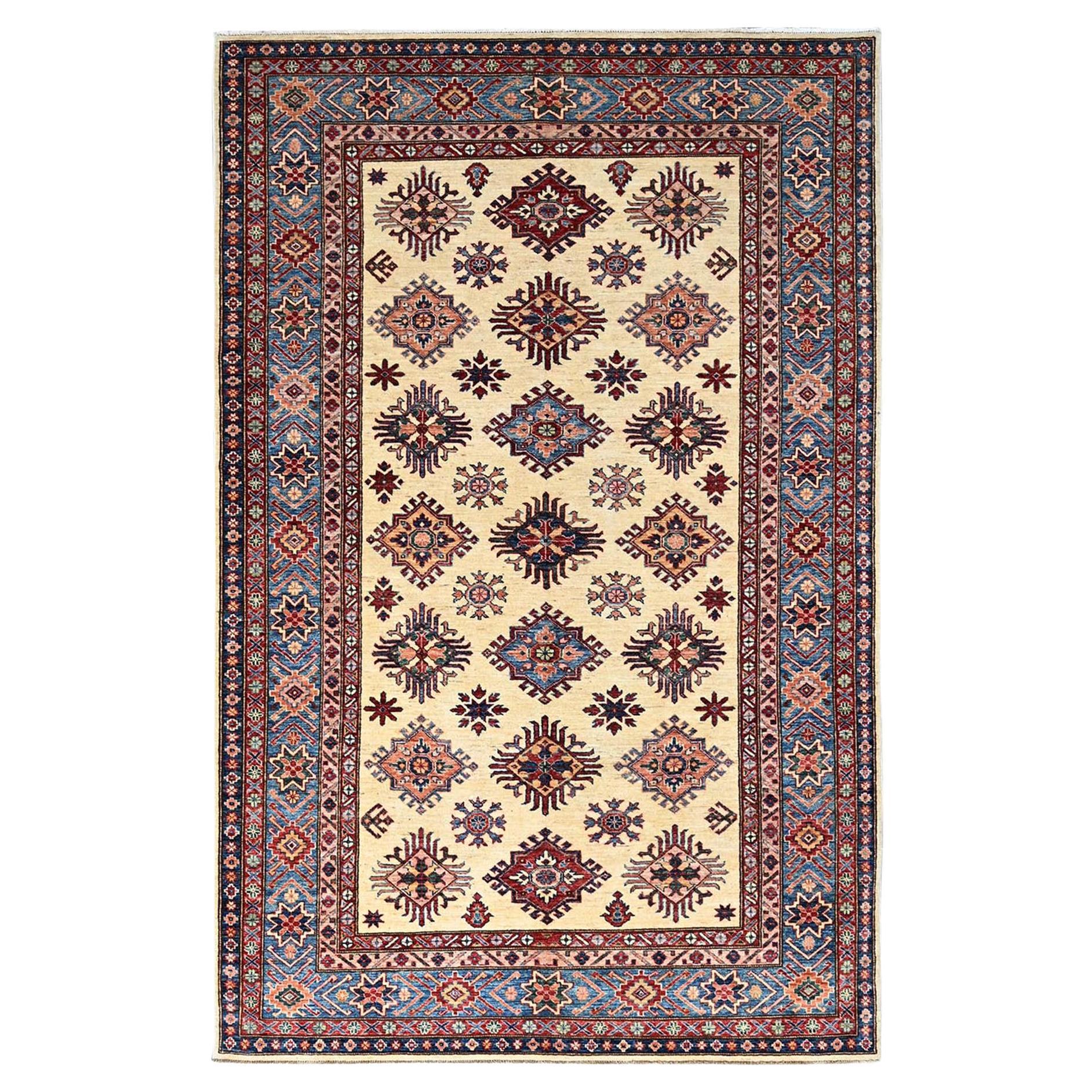 6'x9'3" Heron White Wool Hand Knots Rugs Super Kazak Geometric Oriental Rugs