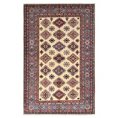 6'x9'3" Heron White Wool Hand Knotted Super Kazak Geometric Oriental Rug