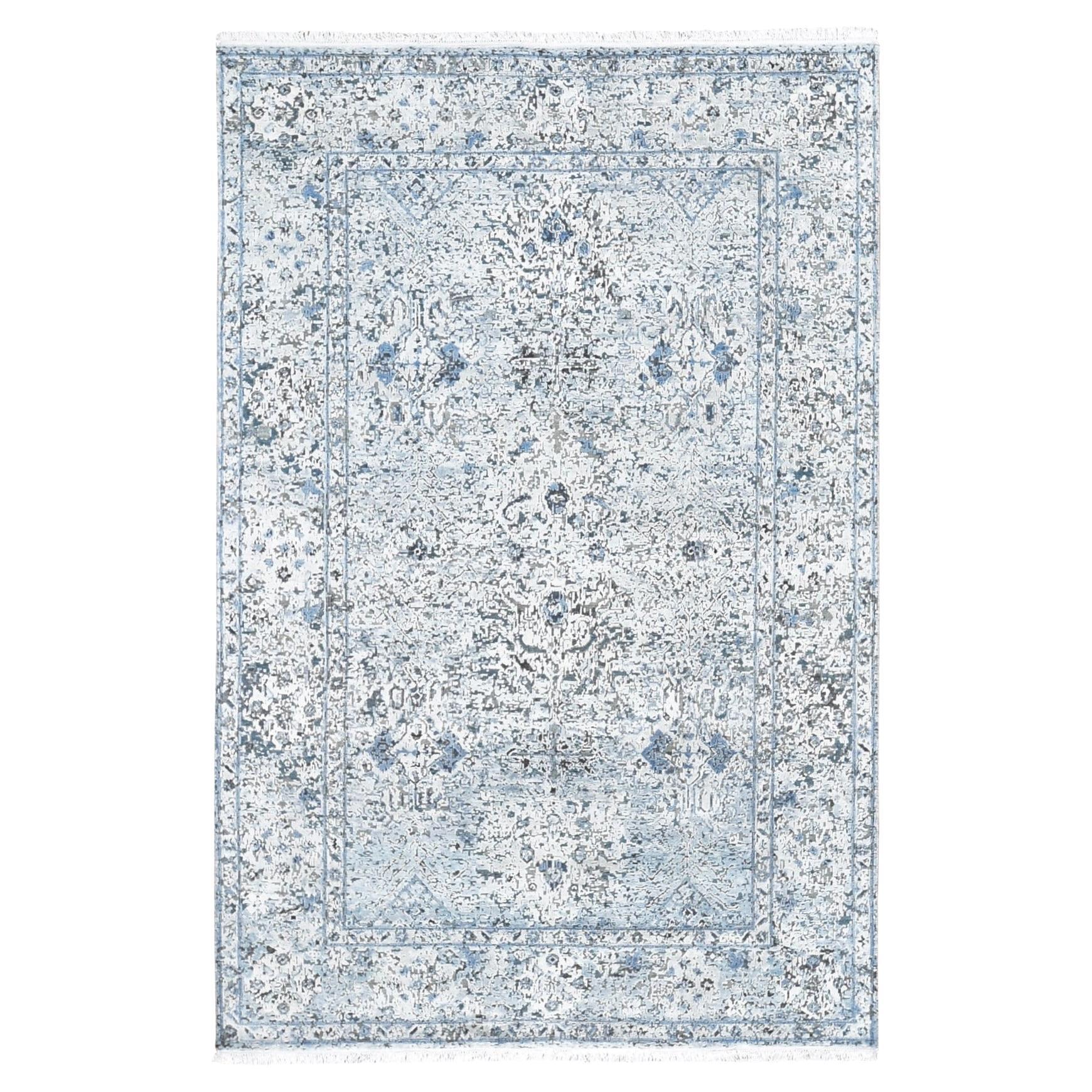 6'x9'3" Ivory Distressed Oushak Pure Silk with Wool Hand Knotted Oriental Rug