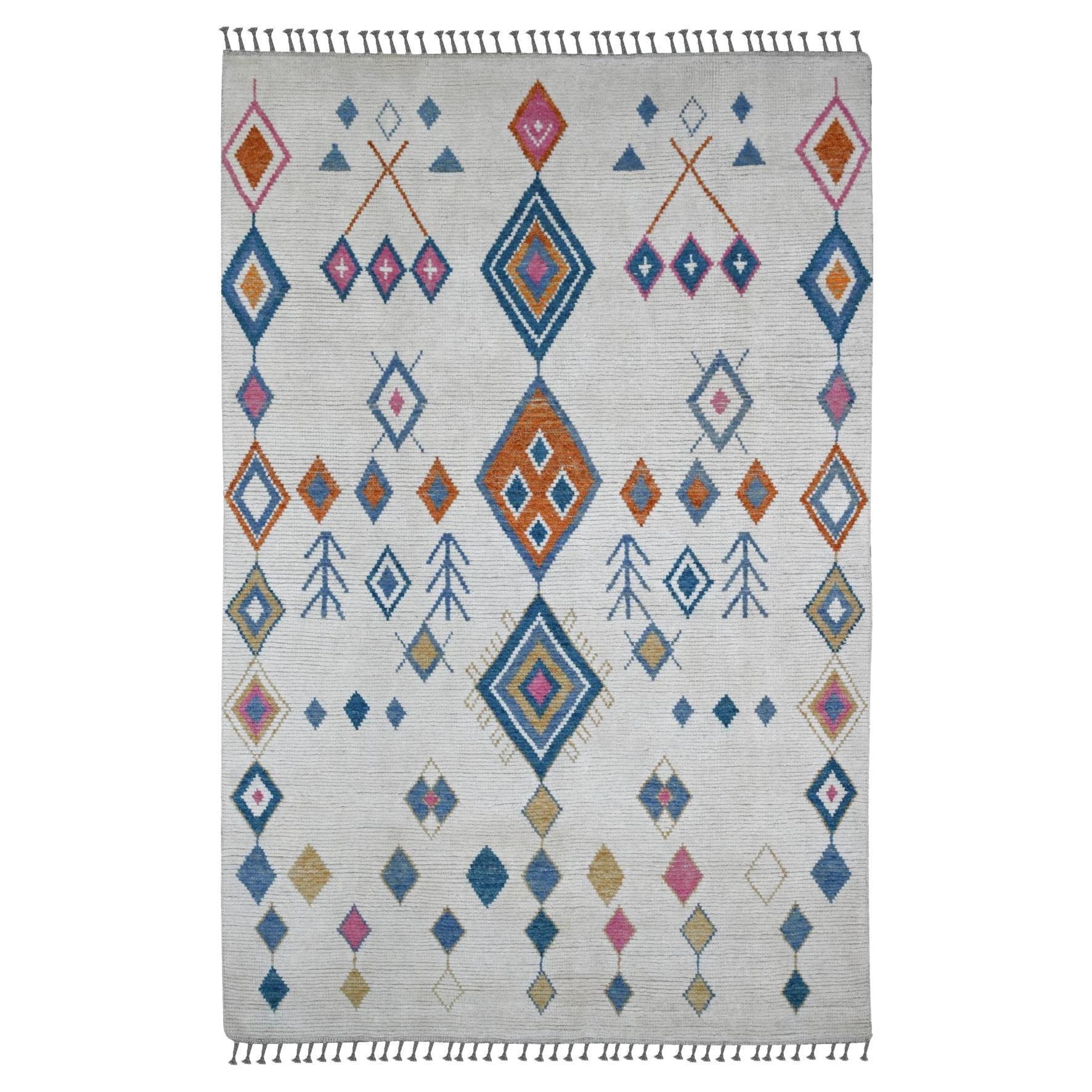 6'x9'3" White Moroccan Weave Geometric Pattern Hand Knotted Wool Oriental Rug