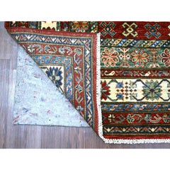 6'x9'4" Brick Red Wool Afghan Super Kazak with Geometric Medallions Design Rug