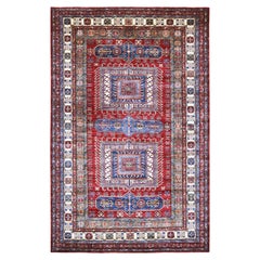 6'x9'4" Brick Red Wool Afghan Super Kazak with Geometric Medallions Design Rug