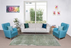 6x9.4 Ft Green Distressed Turkish Area Rug, Hand Knotted Vintage Wool Carpet