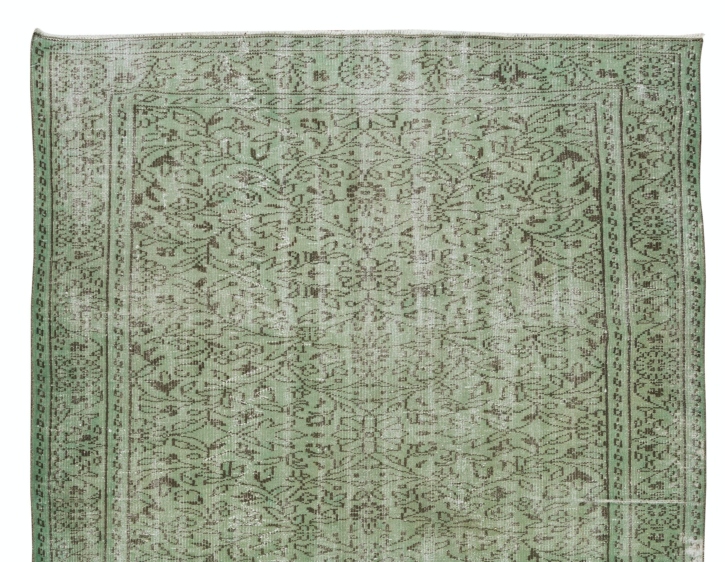 Modern 6x9.4 Ft Green Distressed Turkish Area Rug, Hand Knotted Vintage Wool Carpet For Sale