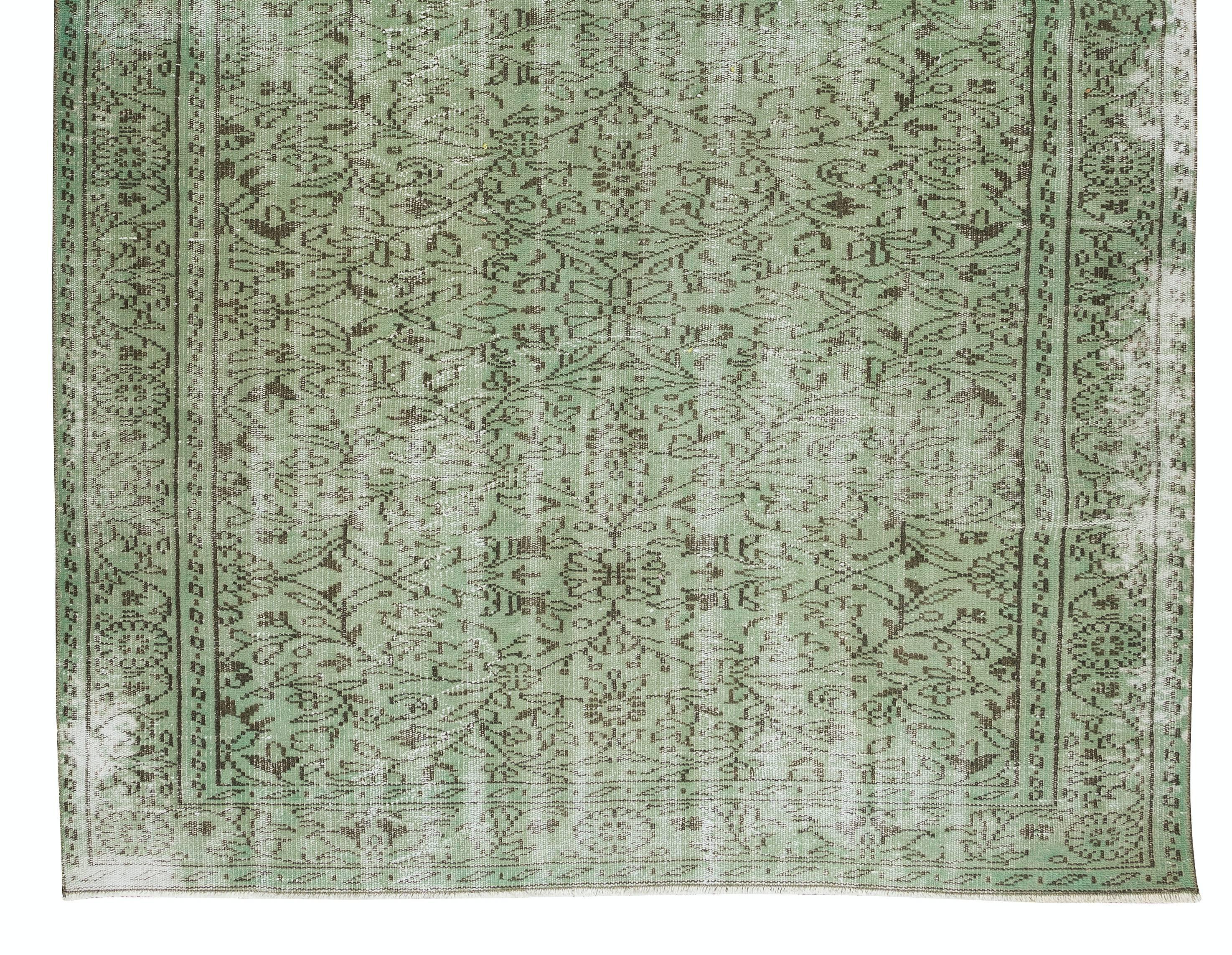 Hand-Knotted 6x9.4 Ft Green Distressed Turkish Area Rug, Hand Knotted Vintage Wool Carpet For Sale