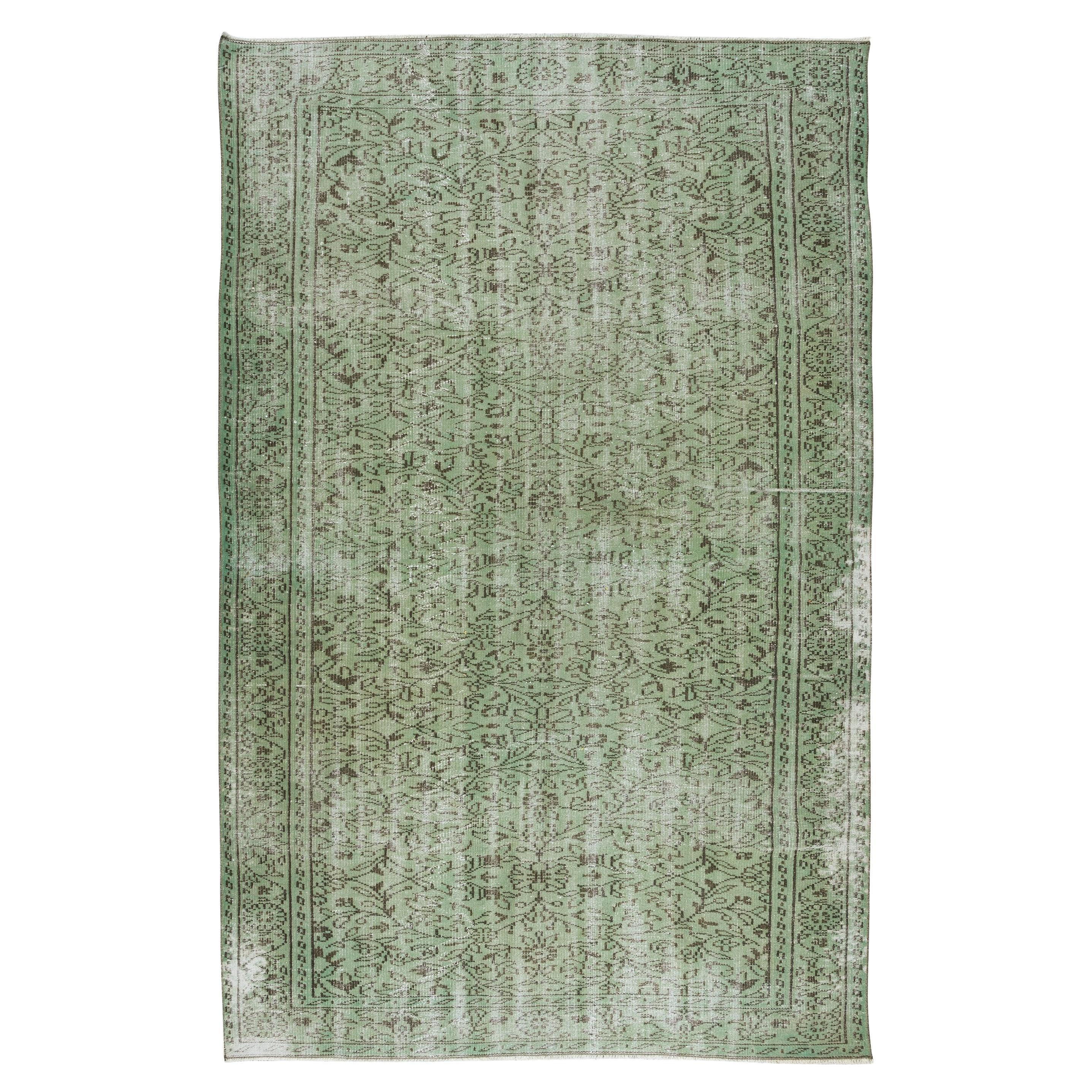 6x9.4 Ft Green Distressed Turkish Area Rug, Hand Knotted Vintage Wool Carpet For Sale