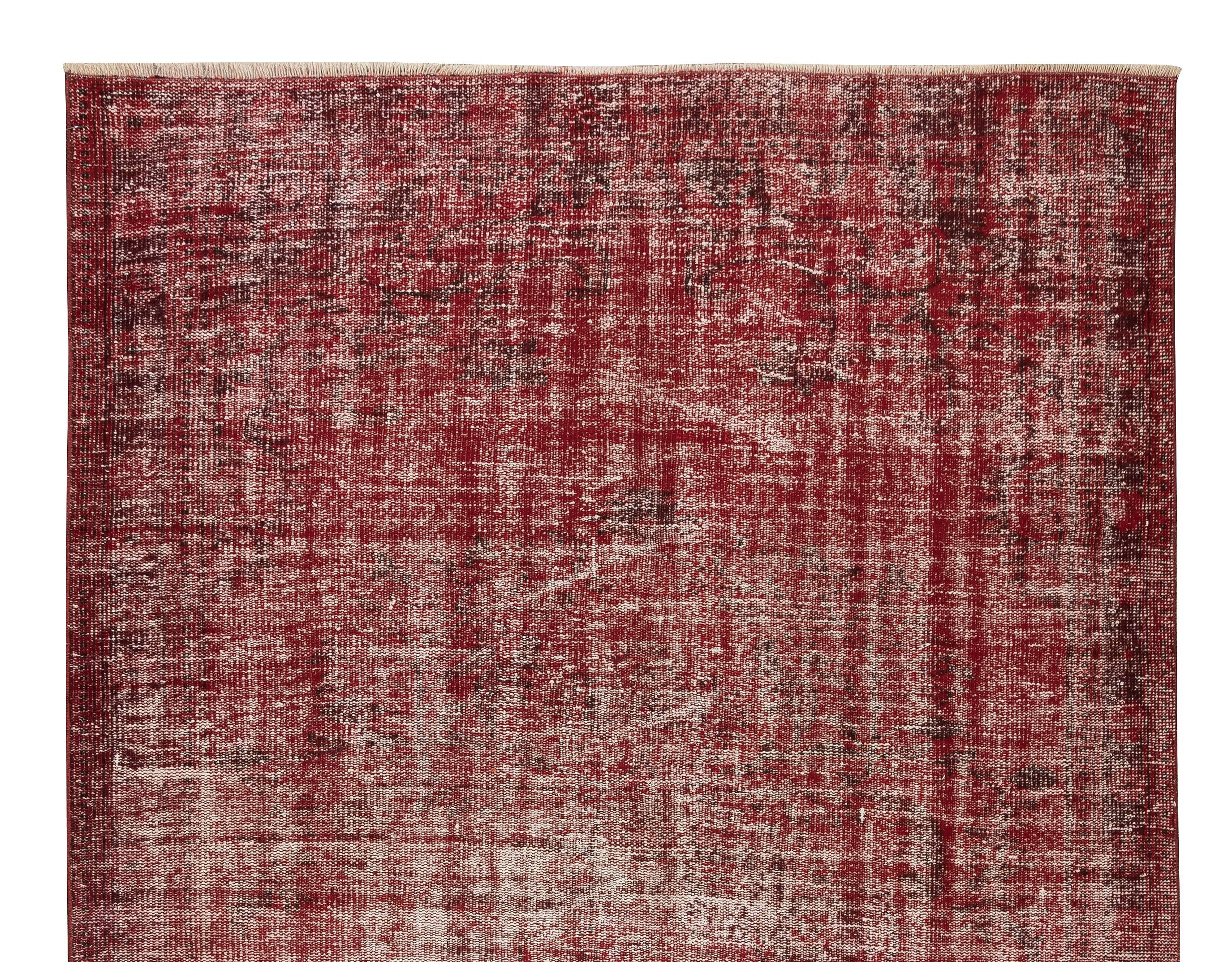 Hand-Knotted Turkish Burgundy Red Rug, Shabby Chic Floor Covering, Handmade Carpet For Sale