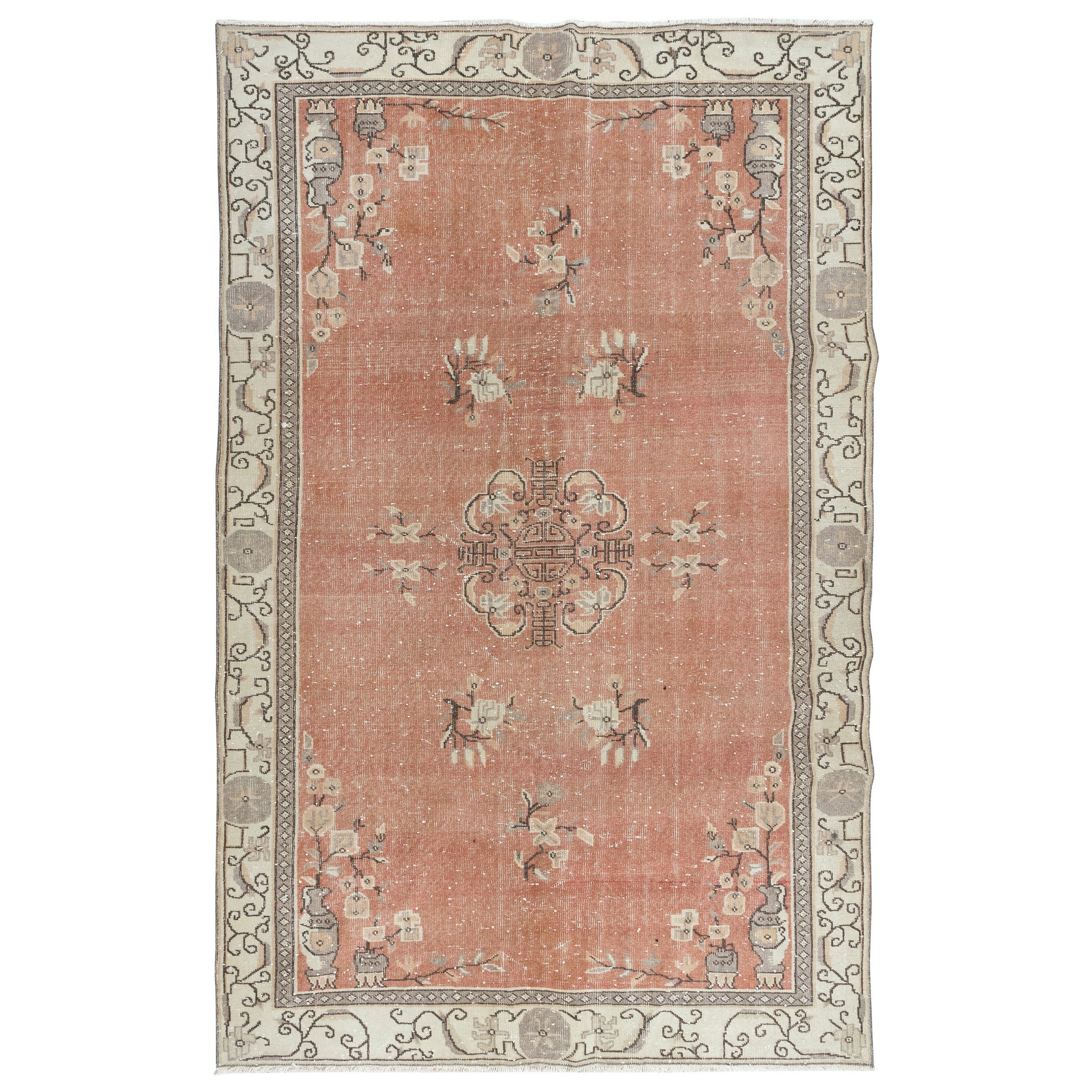 Tappeto vintage fatto a mano Art Deco cinese in lana rosso e beige 6x9.4 Ft