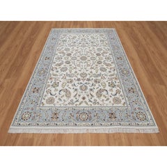 6'x9'4" Ivory Nain with Flower Design 250 KPSI Hand Knotted Wool and Silk Rug