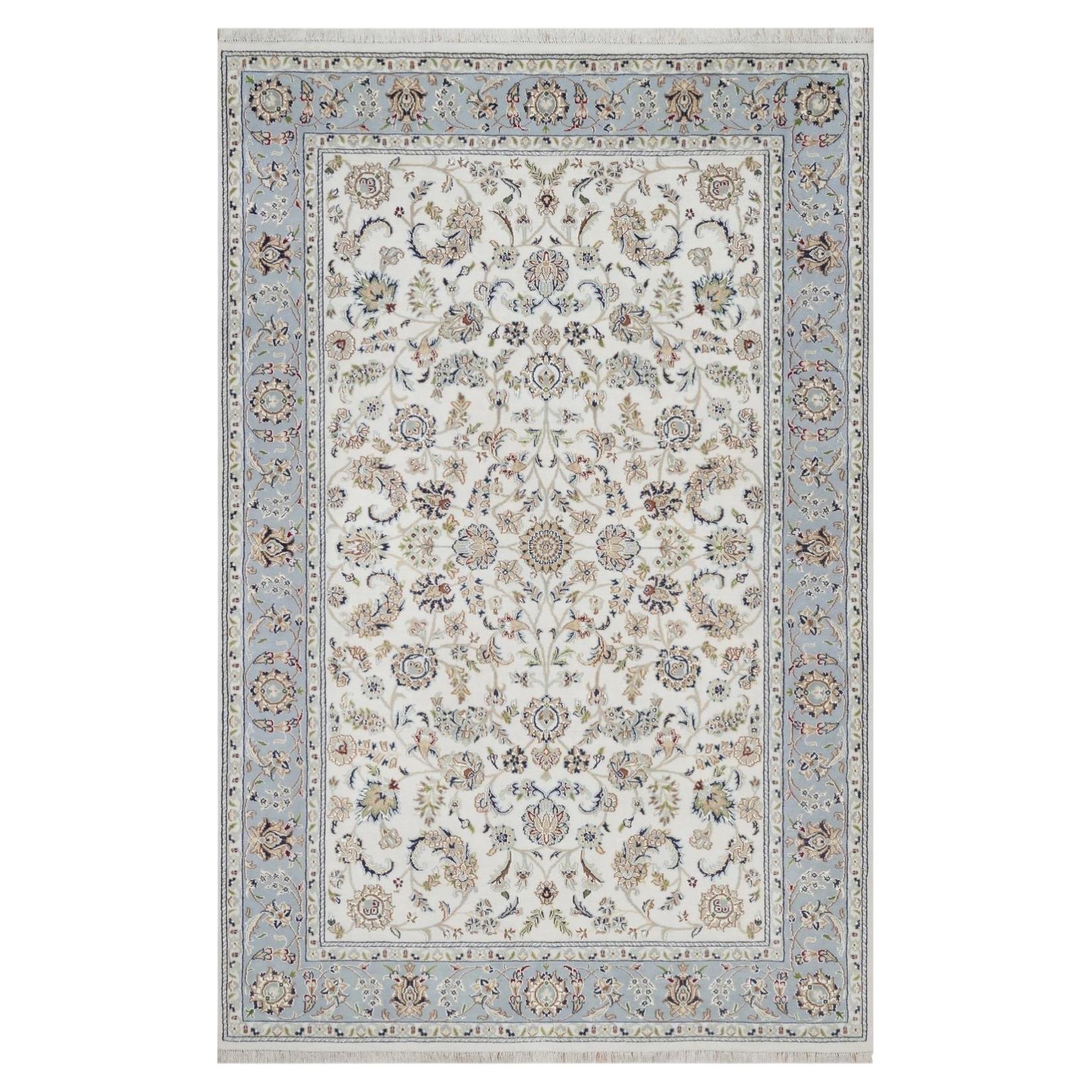 6'x9'4" Ivory Nain with Flower Design 250 KPSI Hand Knotted Wool and Silk Rug
