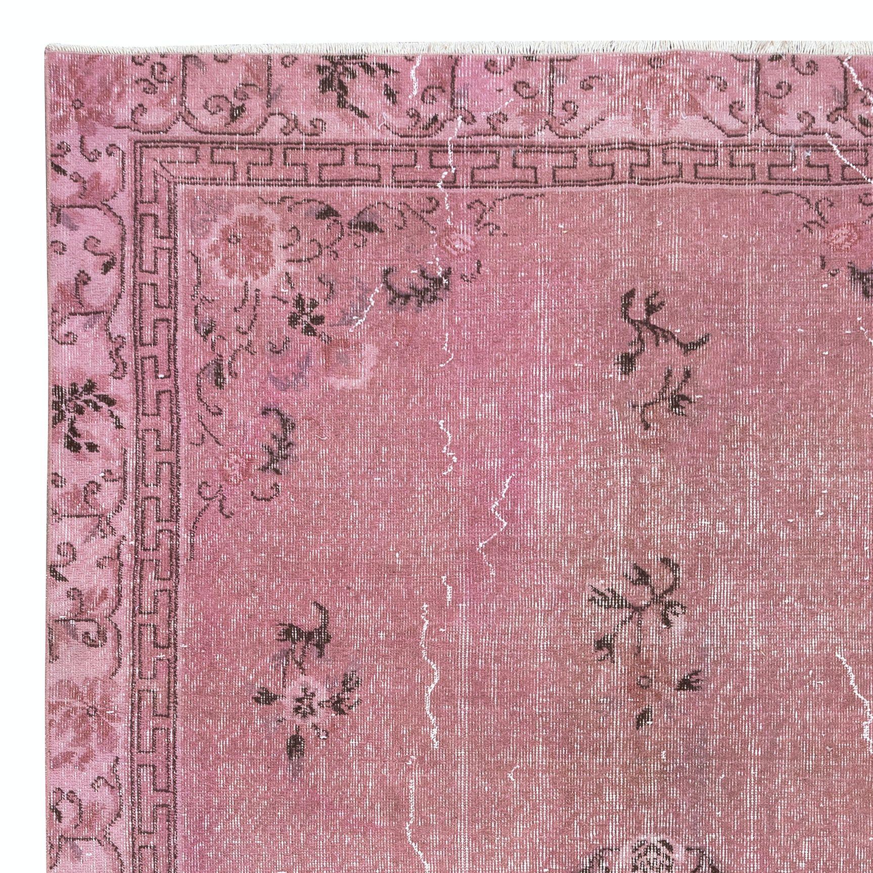 Turkish 6x9.5 Ft Art Deco Chinese Light Pink Floor Rug, Handmade Modern Wool Carpet For Sale