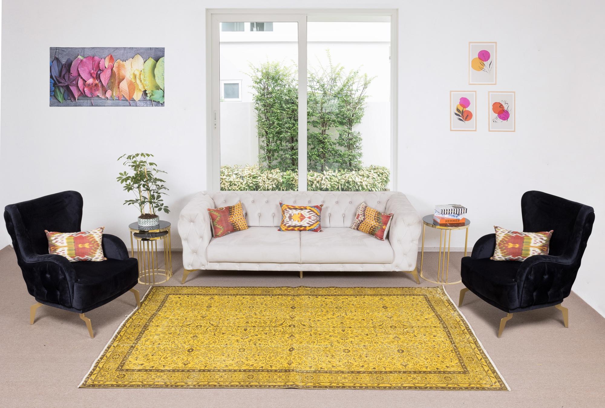 Modern 6x9.5 ft Contemporary Handmade Turkish Area Rug, Yellow Living Room Wool Carpet For Sale