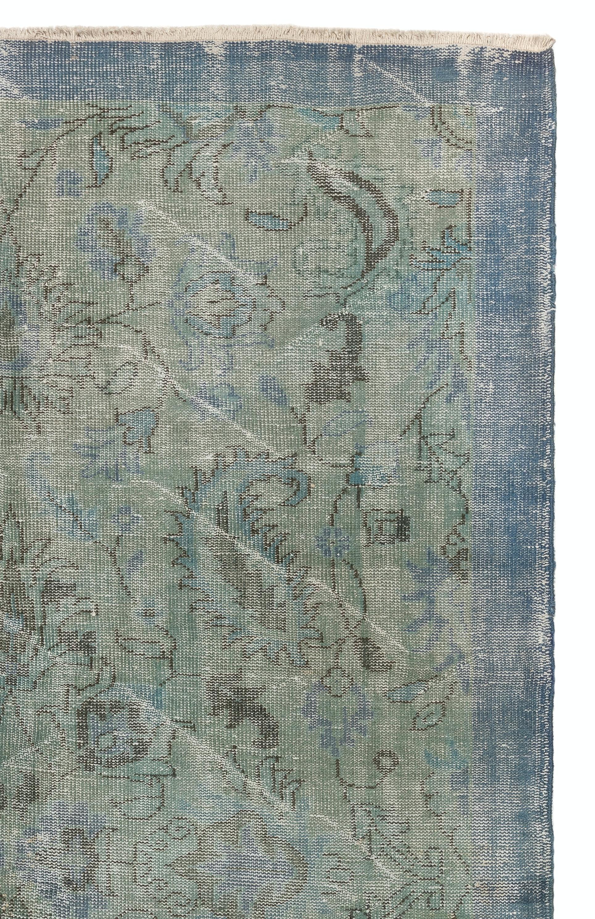 Modern 6x9.5 Ft Distressed Vintage Floral Anatolian Area Rug Over-Dyed in Blue Color