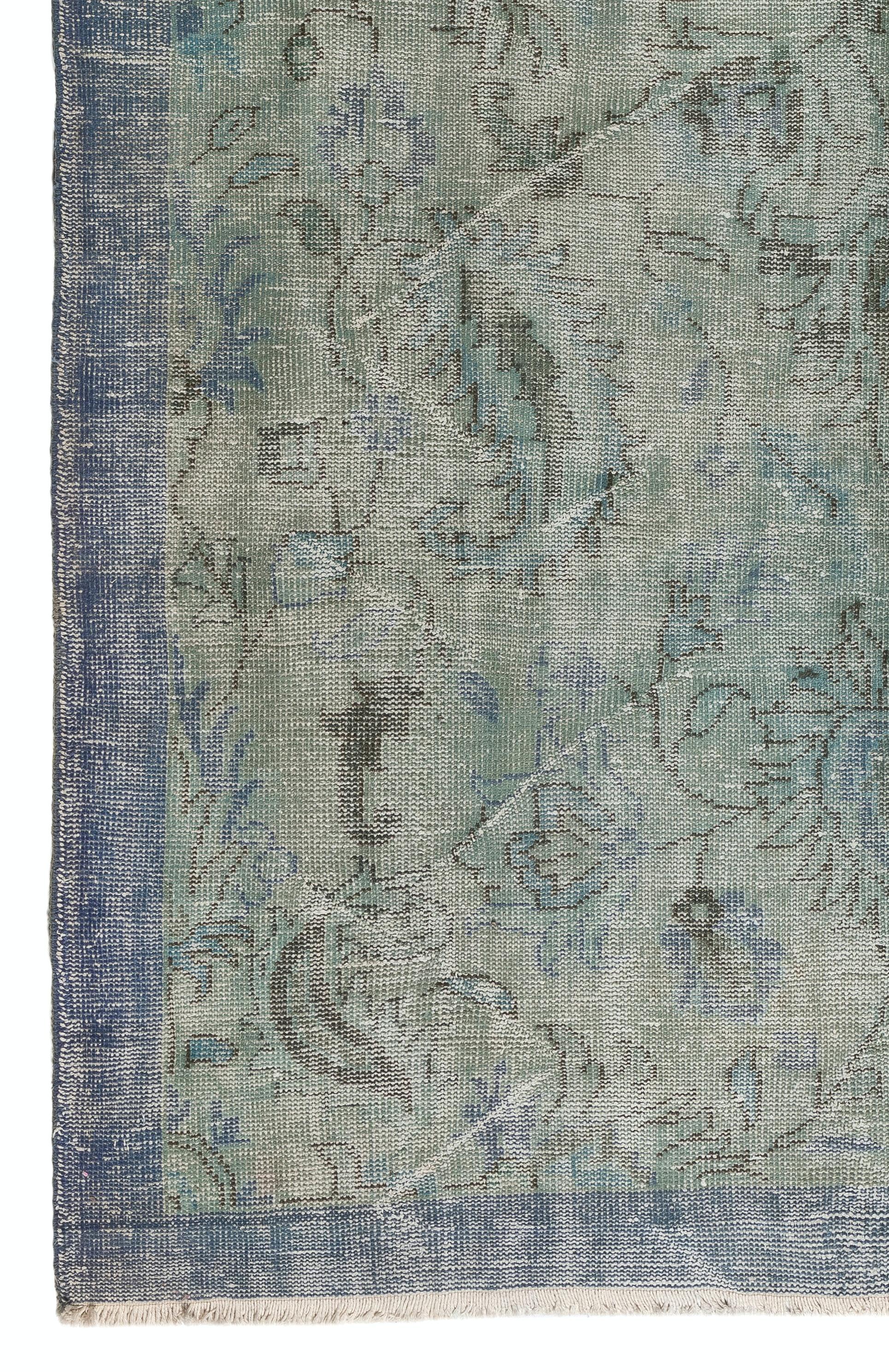 Turkish 6x9.5 Ft Distressed Vintage Floral Anatolian Area Rug Over-Dyed in Blue Color