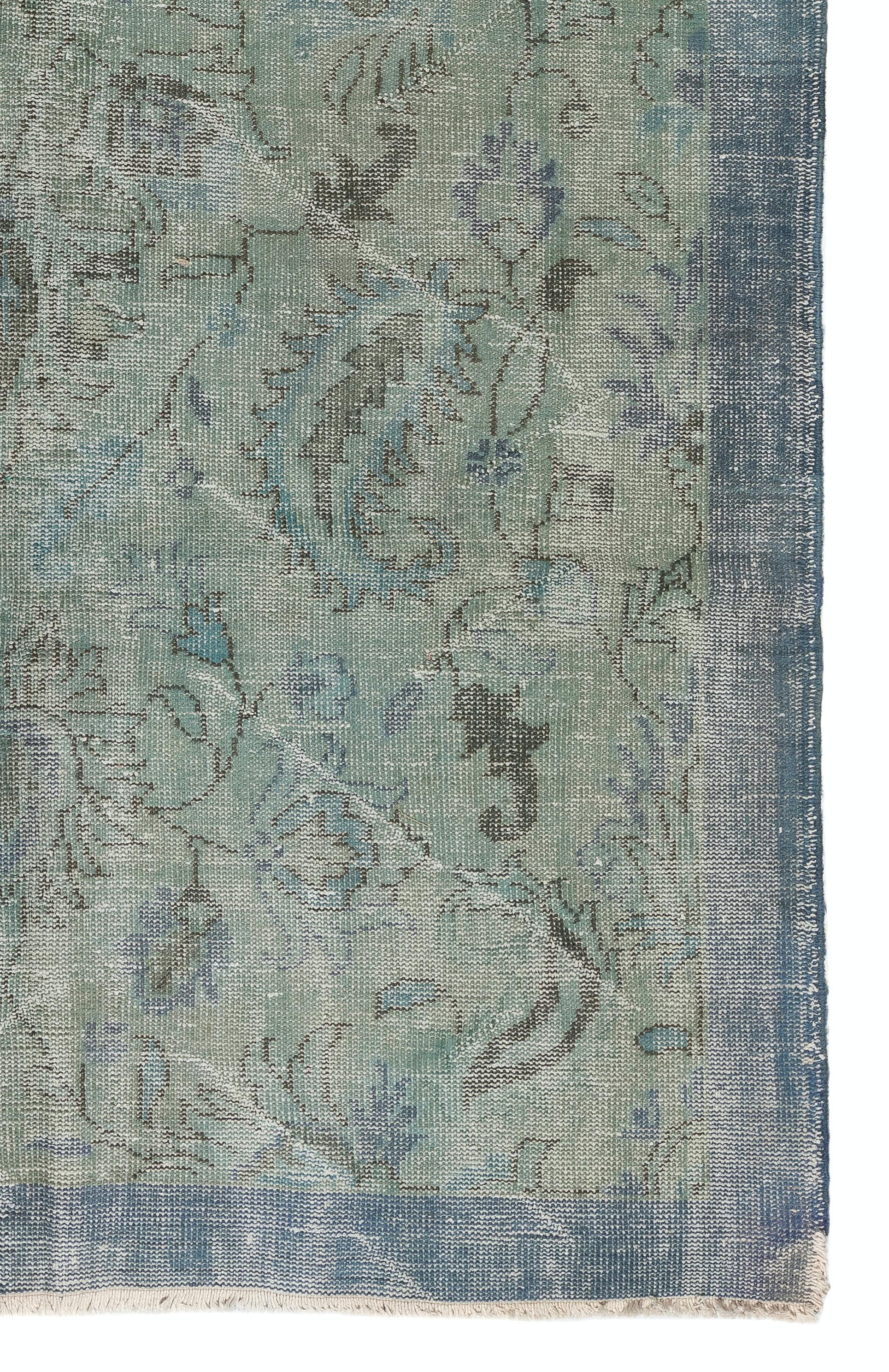 Hand-Woven 6x9.5 Ft Distressed Vintage Floral Anatolian Area Rug Over-Dyed in Blue Color