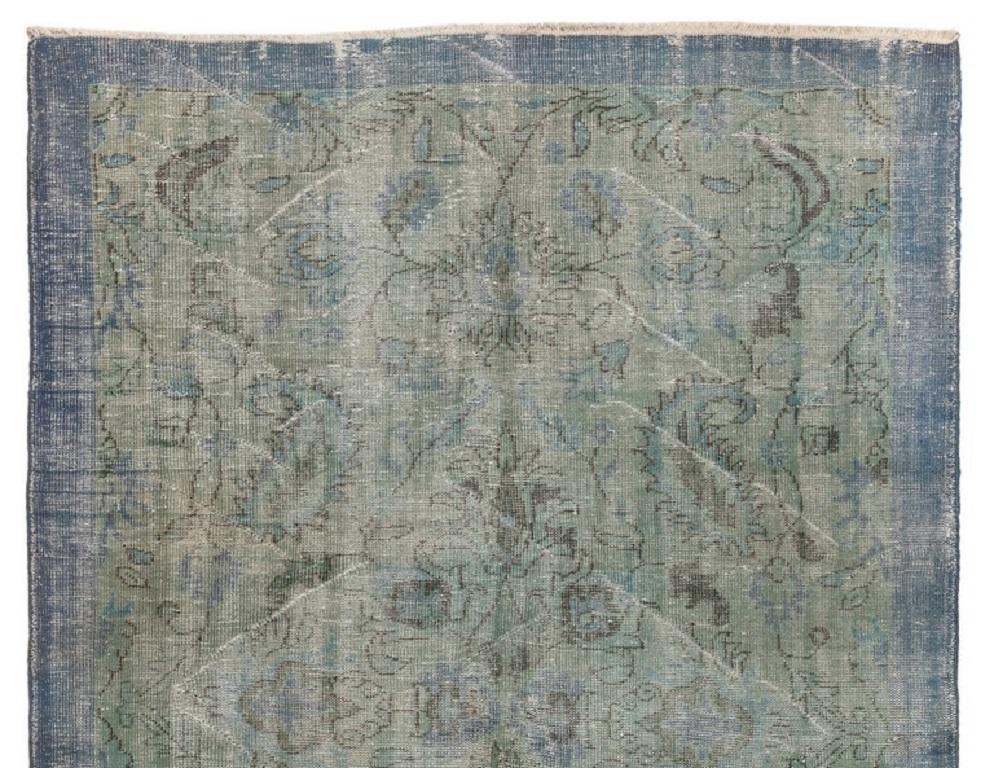6x9.5 Ft Distressed Vintage Floral Anatolian Area Rug Over-Dyed in Blue Color In Good Condition In Philadelphia, PA
