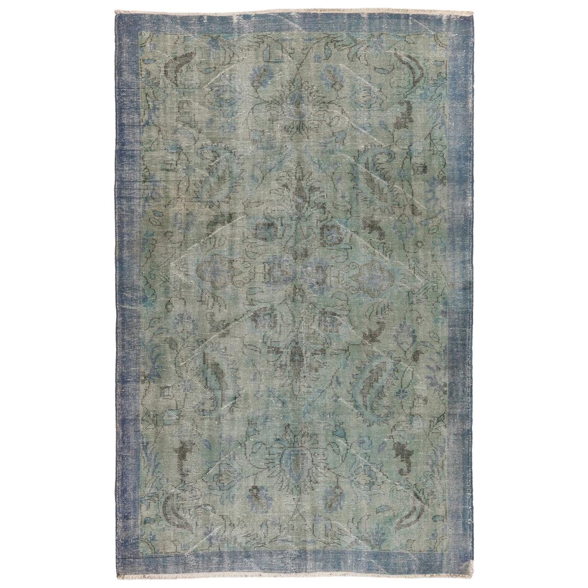 6x9.5 Ft Distressed Vintage Floral Anatolian Area Rug Over-Dyed in Blue Color