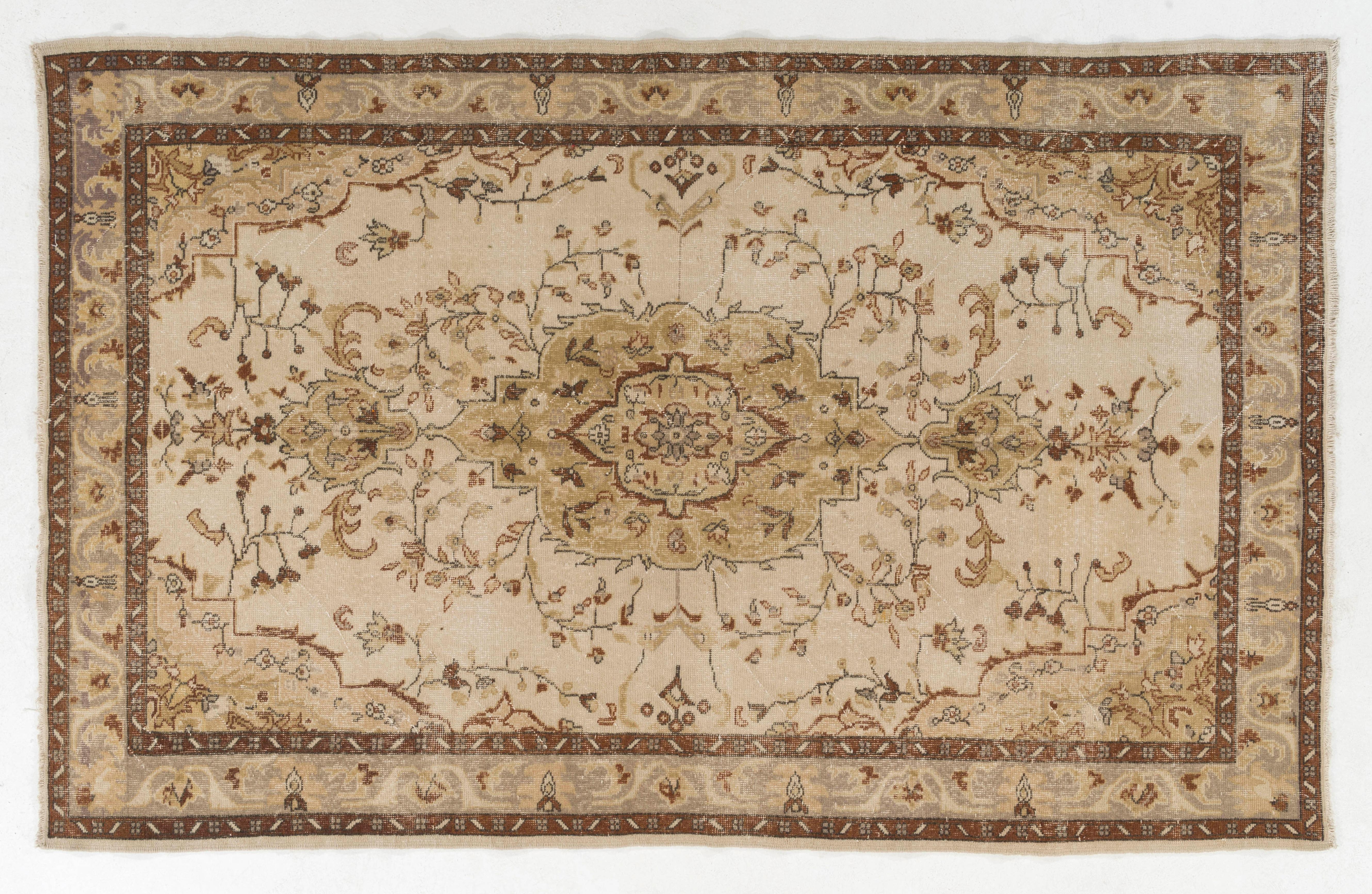 Hand-Woven 6x9.5 Ft Handmade Turkish Vintage Rug with Neutral Color, Woolen Carpet in Beige For Sale