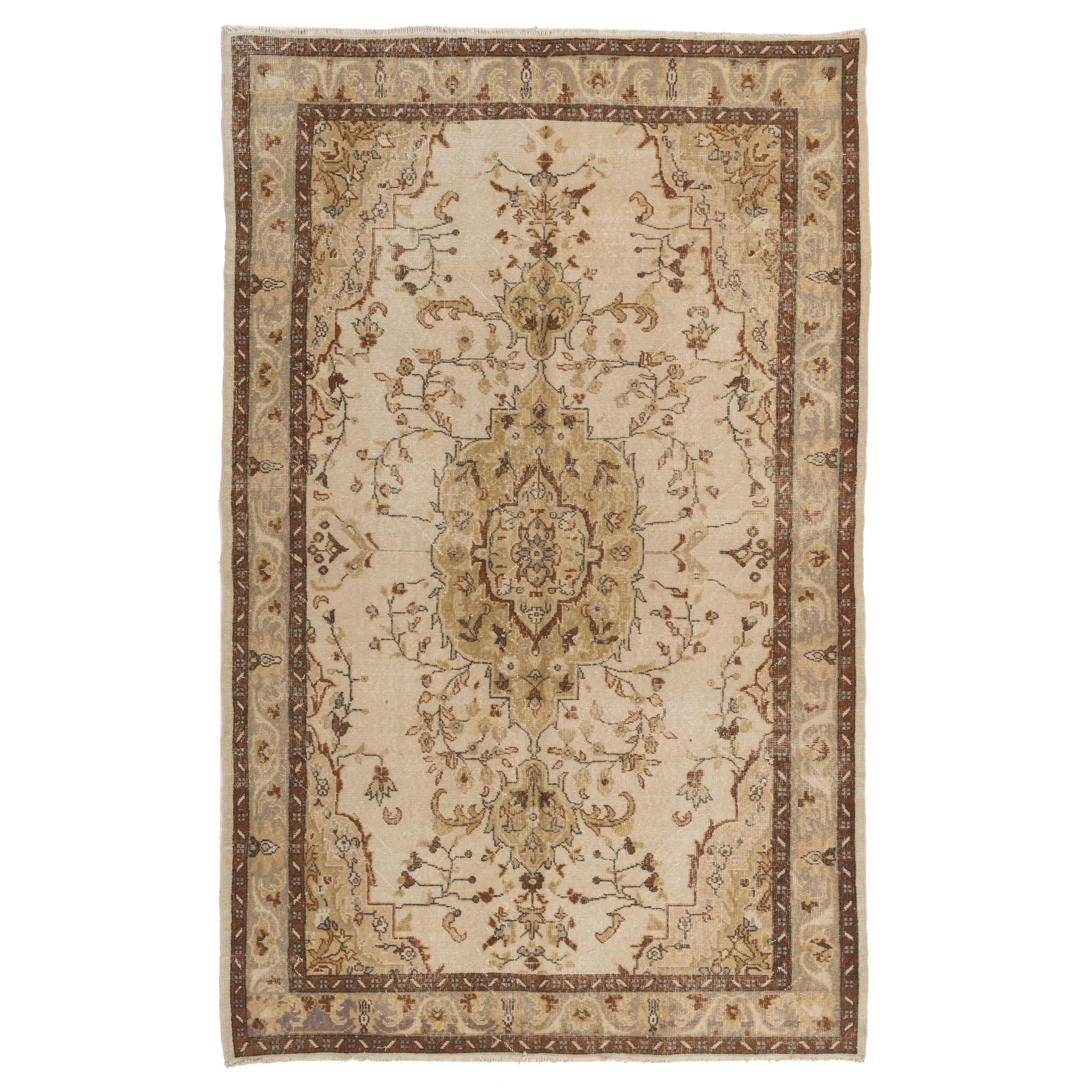 Tappeto vintage turco fatto a mano 6x9.5 Ft con colori neutri, tappeto di lana in beige