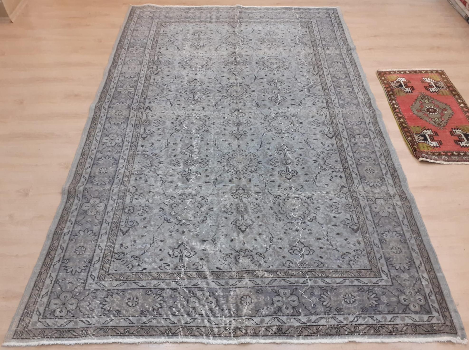 Cotton 6x9.5 Ft Mid-20th Century Hand-Knotted Anatolian Wool Area Rug Over-Dyed in Gray For Sale