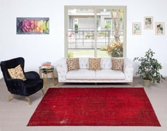6x9.5 Ft Overdyed Red Turkish Rug. Handmade Vintage Area Rug for Living Room