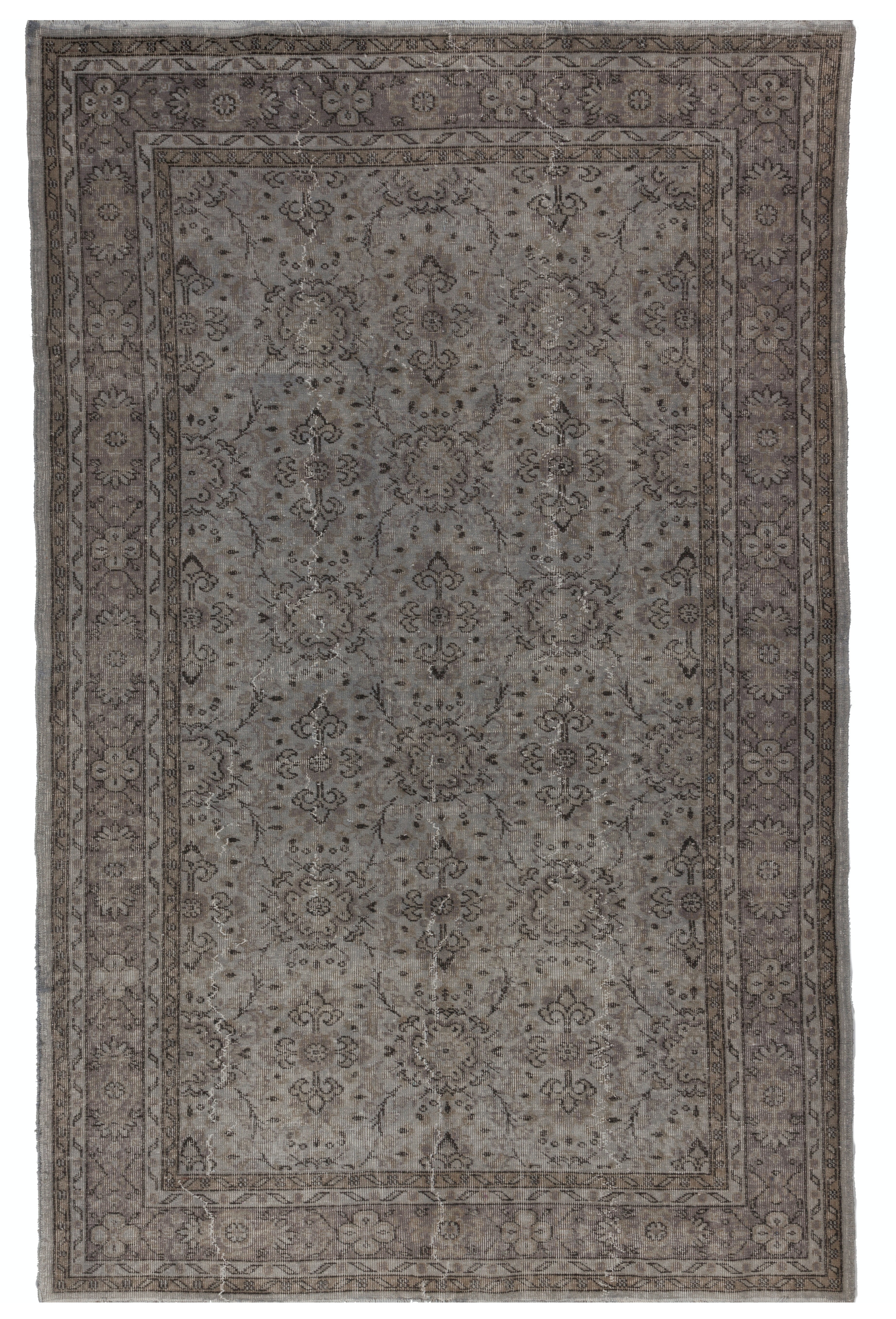 6x9.5 Ft Vintage Handknotted Turkish Rug Overdyed in Bluish-Gray for Living Room