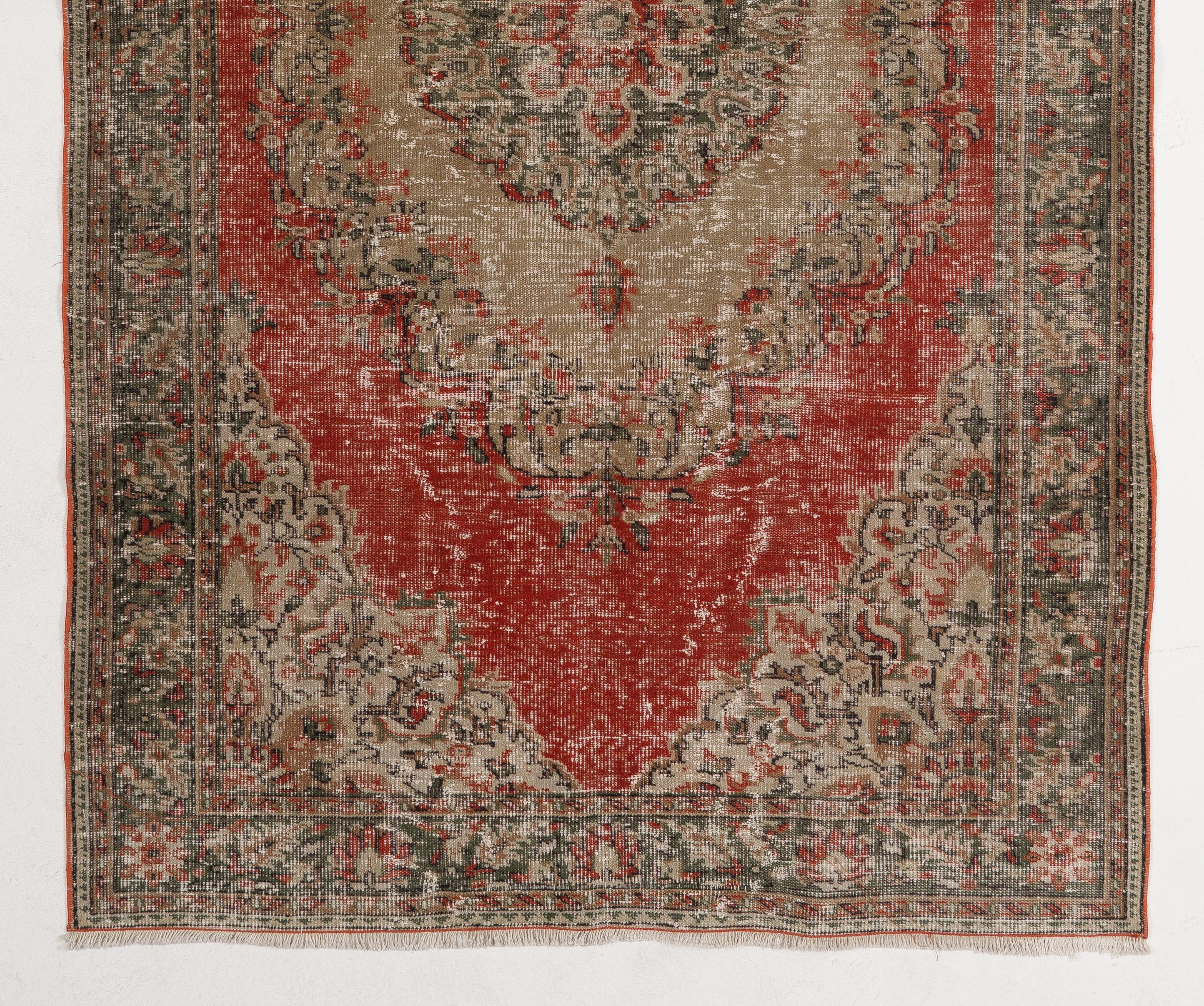 Oushak 6x9.5 ft Vintage Handmade Turkish Wool Rug in Red and Tan with Medallion Design For Sale
