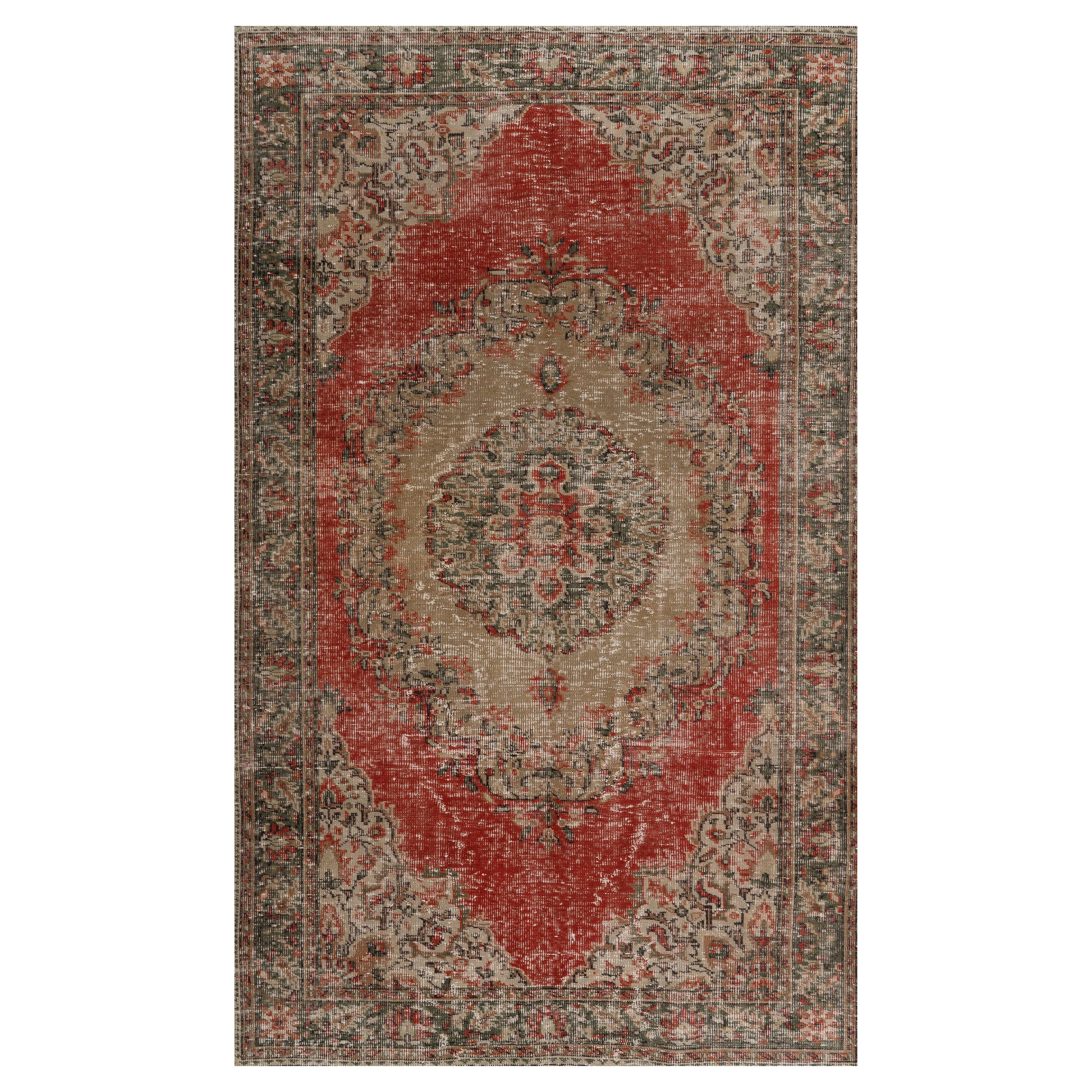 6x9.5 ft Vintage Handmade Turkish Wool Rug in Red and Tan with Medallion Design