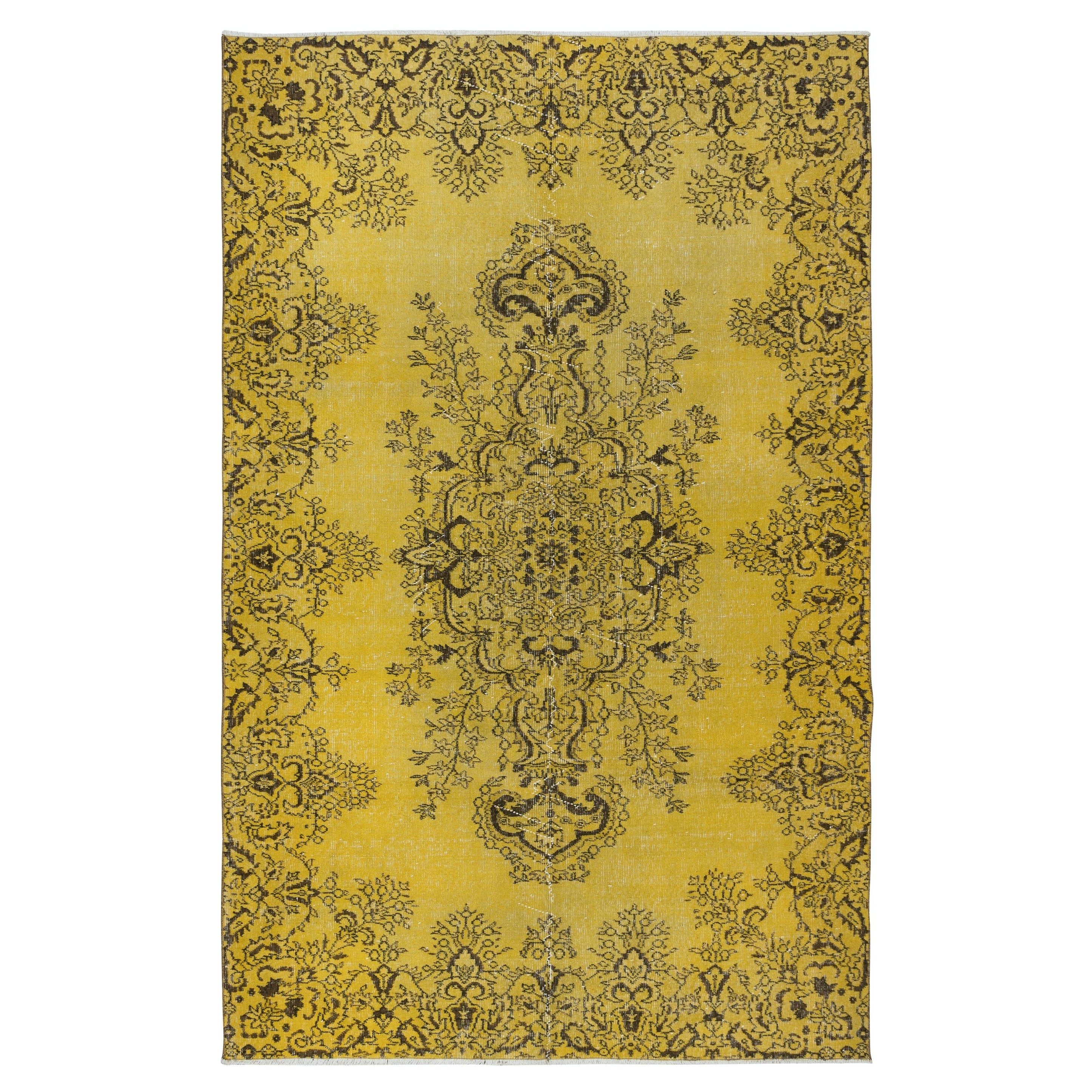 Tappeto giallo fatto a mano 6x9.5 Ft per interni moderni, tappeto turco vintage