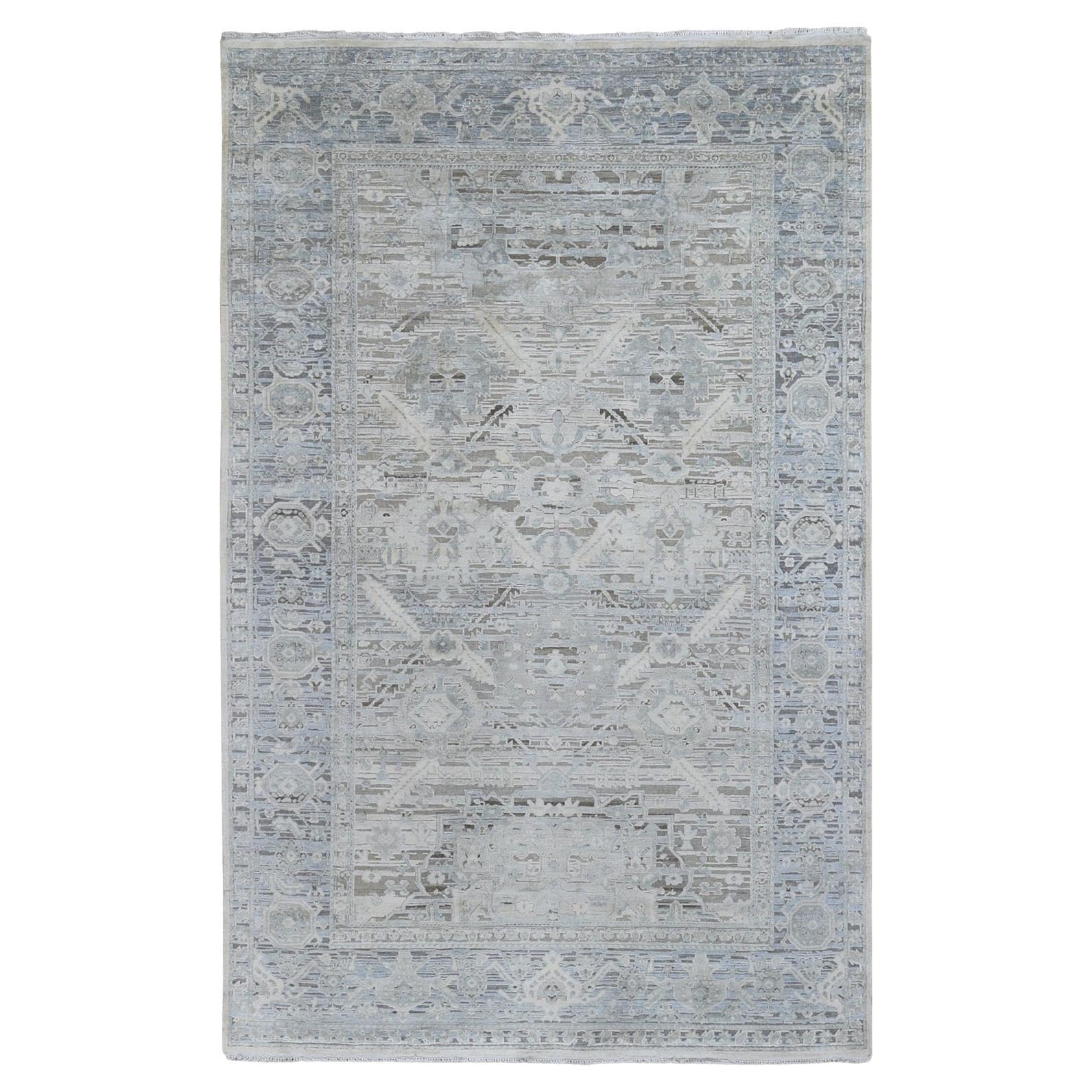 6'x9'5" Hand Knotted Pure Silk & Textured Wool Oushak with Geometric Motif Rug For Sale