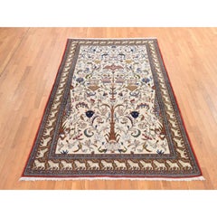 6'x9'5" Ivory Vintage Persian Ghom All Over Design Hand Knotted Pure Wool Rug