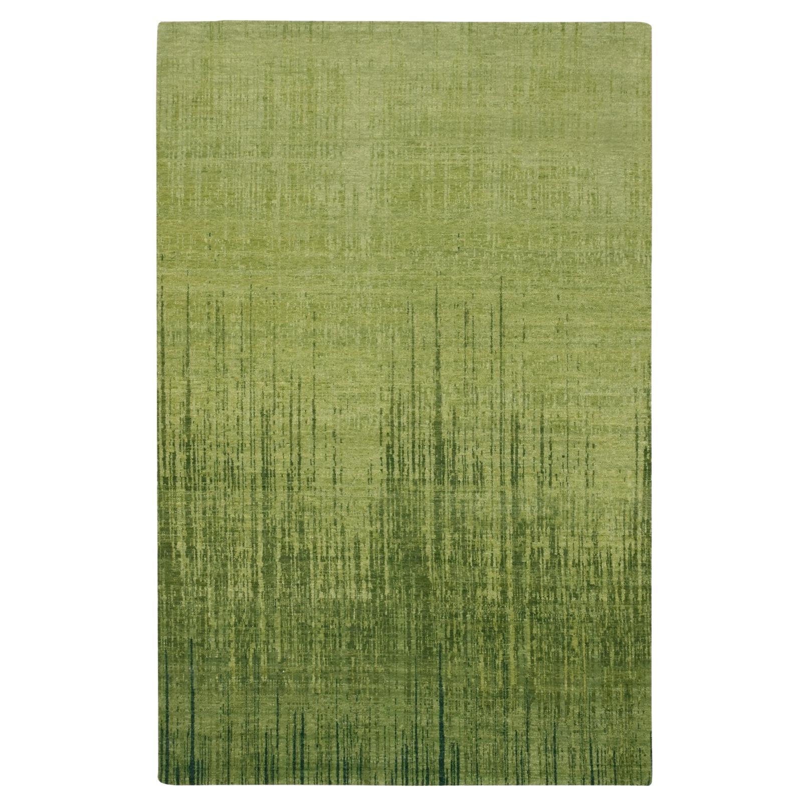 6'x9'5" Pickle Green Vertical Ombre Design Hand Knotted Soft Wool Oriental Rug For Sale